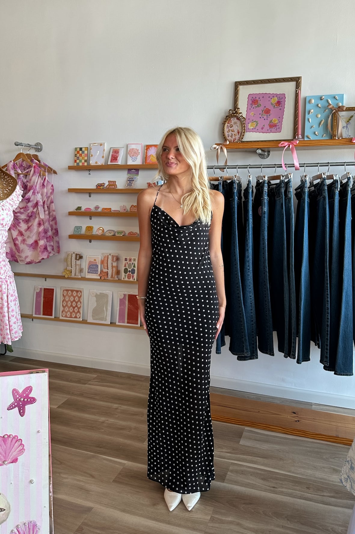 Pixelated Boutique, Women's Clothing, Women's Jewelry and Gifts, Online Shopping for Women, Virginia Beach Clothing Stores, Clothing Stores in Virginia Beach, Aesthetic Fashion Trends, East Coast Fashion Styles, Sustainable Women's Clothing, Unique Gift Ideas for Women, Womens Style, Outfit Inspo, Nautical Summer, Beach Girl, Summer Outfit, Summer Inspo, Summer Dress, Polka Dot Dress, Maxi Dress