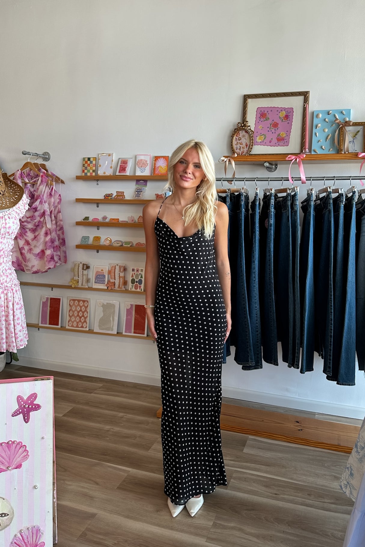 Pixelated Boutique, Women's Clothing, Women's Jewelry and Gifts, Online Shopping for Women, Virginia Beach Clothing Stores, Clothing Stores in Virginia Beach, Aesthetic Fashion Trends, East Coast Fashion Styles, Sustainable Women's Clothing, Unique Gift Ideas for Women, Womens Style, Outfit Inspo, Nautical Summer, Beach Girl, Summer Outfit, Summer Inspo, Summer Dress, Polka Dot Dress, Maxi Dress