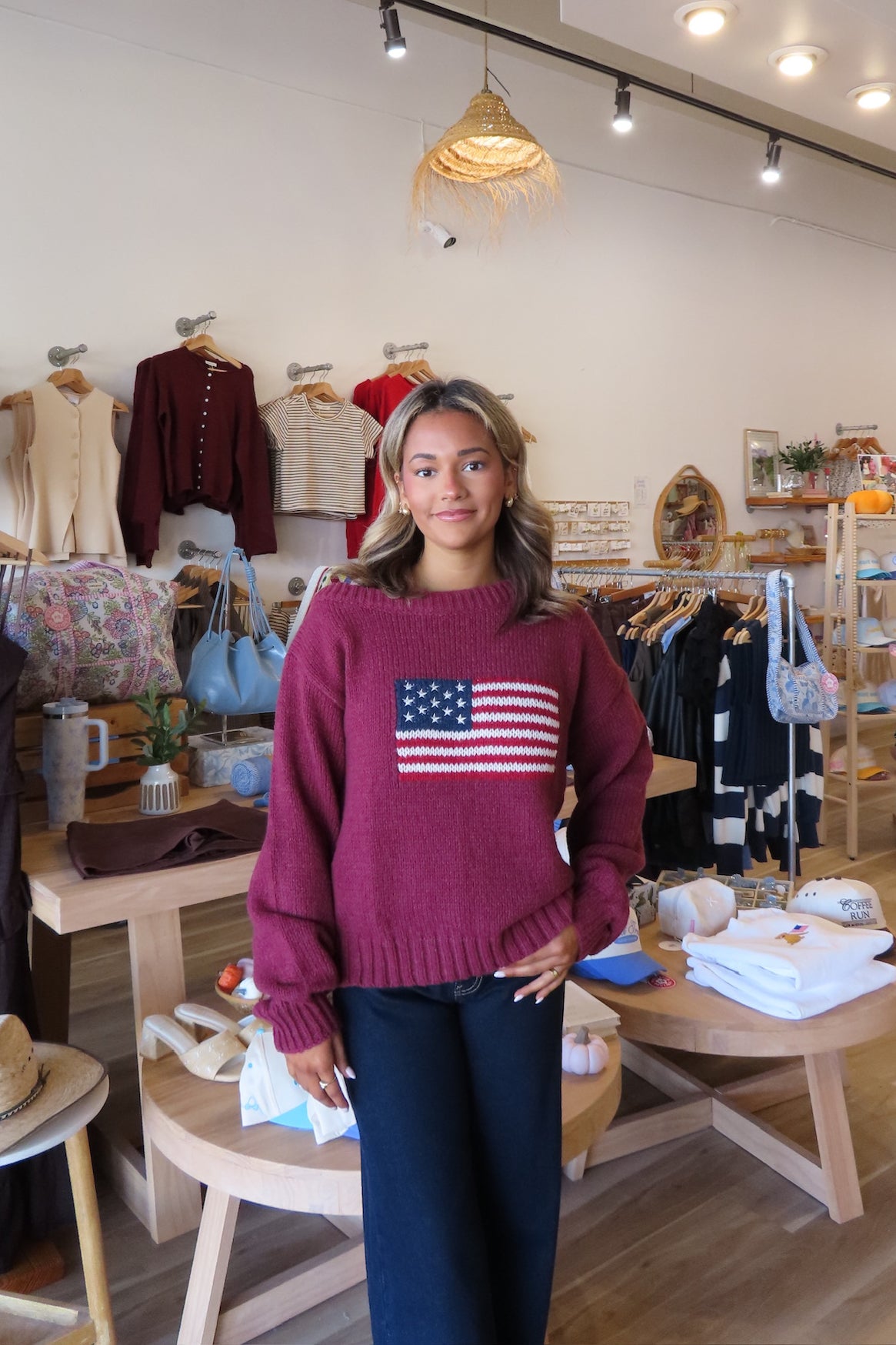 Pixelated Boutique, Women's Clothing, Outfit inspo fall, pumpkin patch outfit, fall fashion outfits, winter fashion inspo, fall outfits women, fall fits, winter fashion inspo, fall sweater, women’s fall outfit 2025, outfit ideas, fashion, fall aesthetic,  School Outfit, USA Flag sweater, cozy outfit