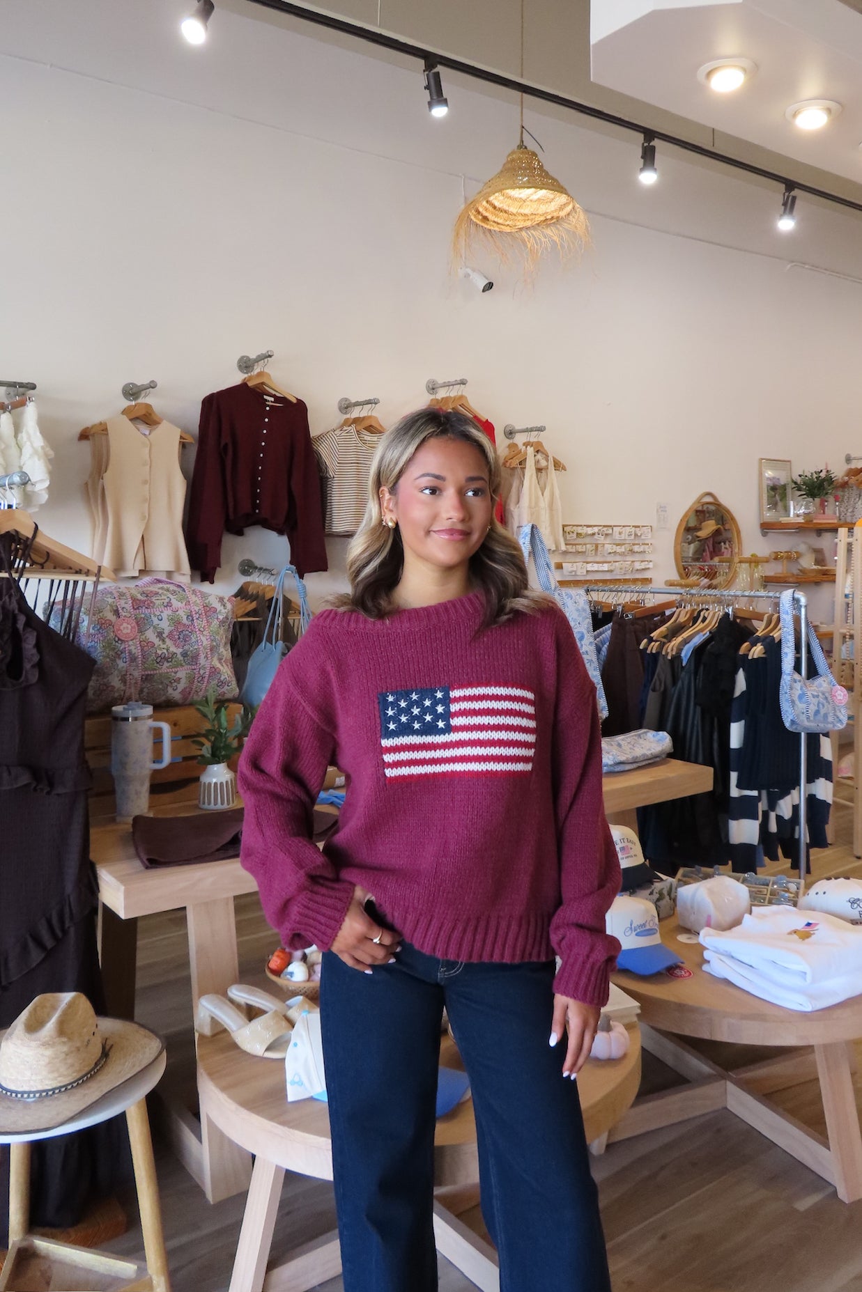Pixelated Boutique, Women's Clothing, Outfit inspo fall, pumpkin patch outfit, fall fashion outfits, winter fashion inspo, fall outfits women, fall fits, winter fashion inspo, fall sweater, women’s fall outfit 2025, outfit ideas, fashion, fall aesthetic,  School Outfit, USA Flag sweater, cozy outfit