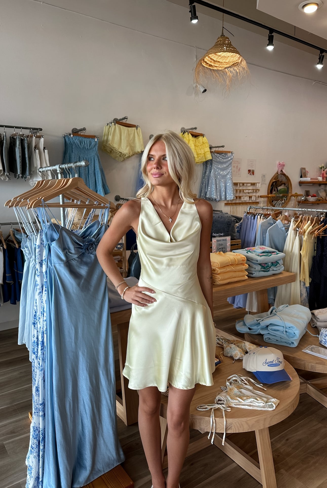 Pixelated Boutique, Women's Clothing, Women's Jewelry and Gifts, Online Shopping for Women, Virginia Beach Clothing Stores, Clothing Stores in Virginia Beach, Aesthetic Fashion Trends, East Coast Fashion Styles, Sustainable Women's Clothing, Unique Gift Ideas for Women, Womens Style, Outfit Inspo, Nautical Summer, Beach Girl, Summer Outfit, Summer Inspo, Summer Dress, Mini Dress, Butter Yellow, Satin Dress