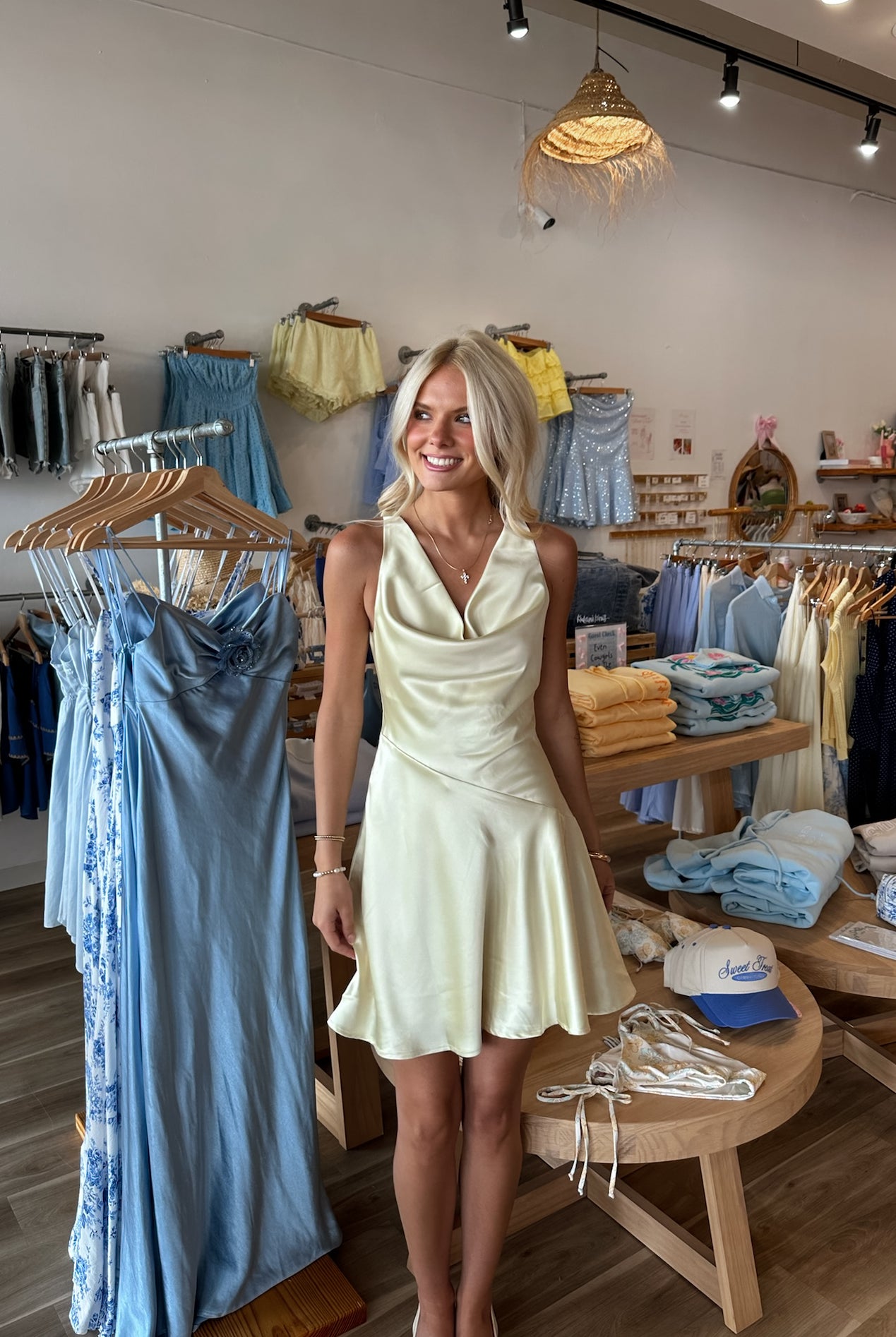 Pixelated Boutique, Women's Clothing, Women's Jewelry and Gifts, Online Shopping for Women, Virginia Beach Clothing Stores, Clothing Stores in Virginia Beach, Aesthetic Fashion Trends, East Coast Fashion Styles, Sustainable Women's Clothing, Unique Gift Ideas for Women, Womens Style, Outfit Inspo, Nautical Summer, Beach Girl, Summer Outfit, Summer Inspo, Summer Dress, Mini Dress, Butter Yellow, Satin Dress