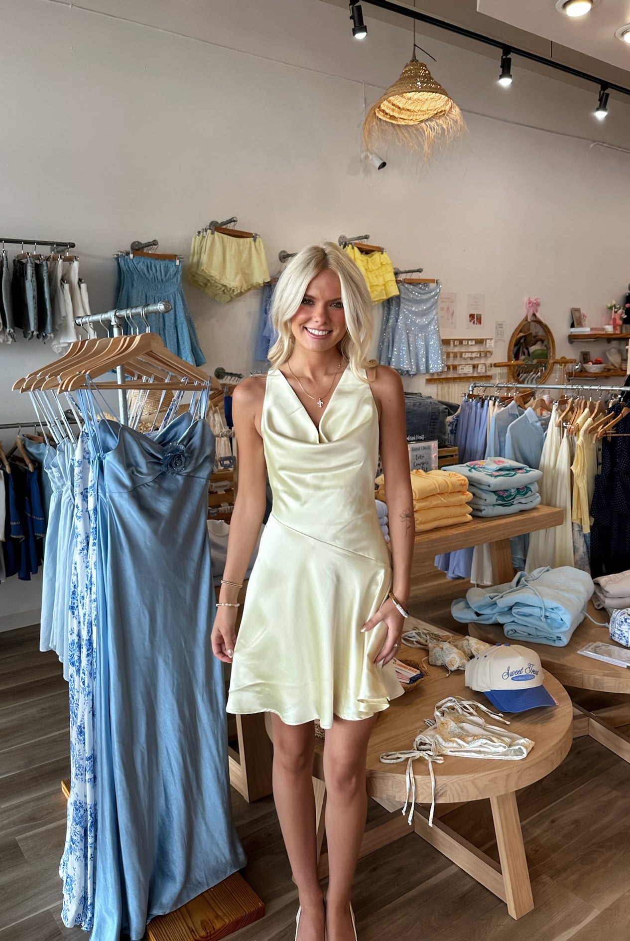 Pixelated Boutique, Women's Clothing, Women's Jewelry and Gifts, Online Shopping for Women, Virginia Beach Clothing Stores, Clothing Stores in Virginia Beach, Aesthetic Fashion Trends, East Coast Fashion Styles, Sustainable Women's Clothing, Unique Gift Ideas for Women, Womens Style, Outfit Inspo, Nautical Summer, Beach Girl, Summer Outfit, Summer Inspo, Summer Dress, Mini Dress, Butter Yellow, Satin Dress