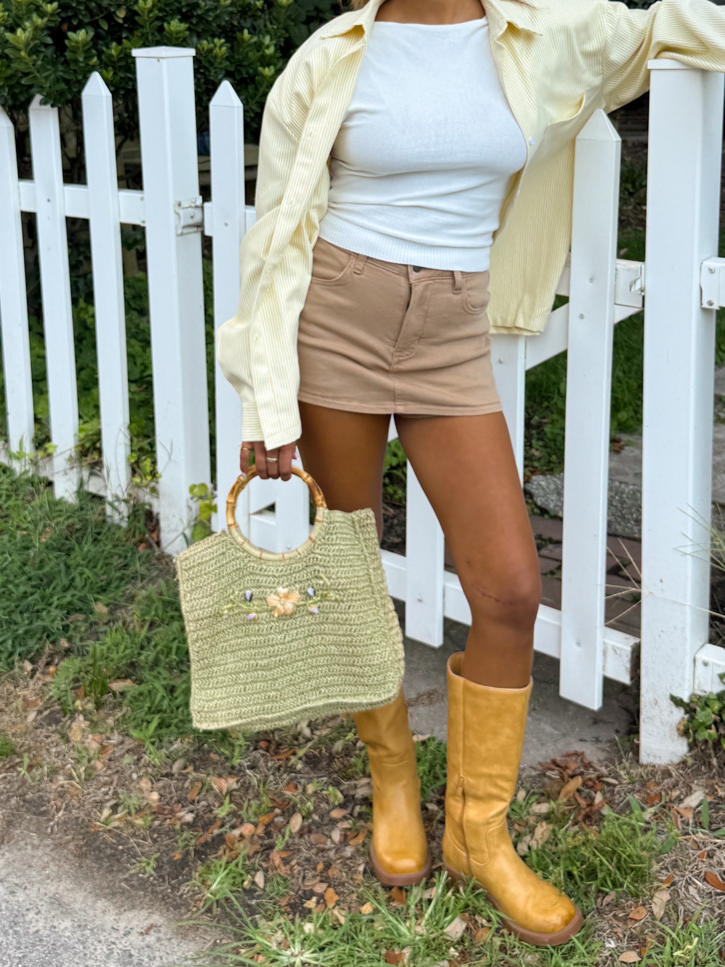 Tan, denim mini skirt with pockets and inner shorts | Pixelated Boutique, Online Shopping for Women, Women’s Boutique Clothing, Boutique Clothing for Women, Coastal Aesthetic Clothing, Vacation Outfits, Beach Boutique, Beach Outfits, Business Casual 
