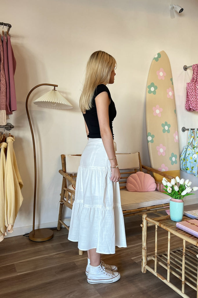 White Midi Skirt, Pixelated Boutique, Women's Clothing, Women's Jewelry and Gifts, Online Shopping for Women, Latest Fashion Trends, Women's Boutique Clothing, Virginia Beach, Clothing Stores in Virginia Beach, Rush Dresses, Graduation Dresses, Cute Clothes, Aesthetic Trends, Quality Jewelry, East Coast Styles, College Styles, Spring Trends