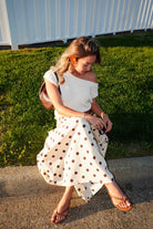 Cream, polka dot midi skirt with drop waist and ruching smocked waistline, sleepy cowgirl, western fashion, coachella aesthetic
Pixelated Boutique, Women's Clothing, Virginia Beach Clothing Stores, Clothing Stores in Virginia Beach, Virginia Beach Boutique, 757 Boutique, Online Shopping for Women, summer aesthetic, spring break, vacation style, vacation outfits, beach boutique, beach fashion, beach outfits, women’s boutique clothing, boutique clothing for women, coastal cowgirl, concert outfit