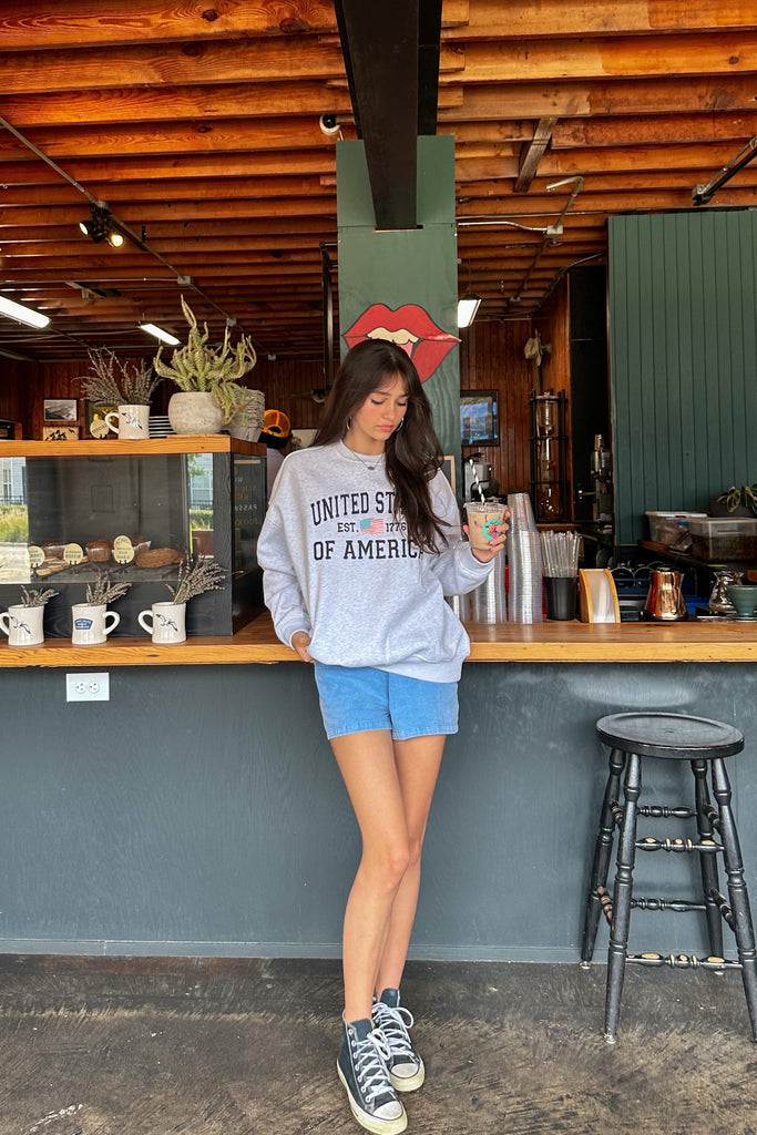 USA Sweatshirt, Pixelated Boutique, Women's Clothing, Women's Fashion, Online Shopping for Women, Latest Fashion Trends, Women's Boutique Clothing, Virginia Beach, Clothing Stores in Virginia Beach, Rush Dresses, Graduation Dresses, Cute Clothes, Aesthetic Trends, Quality Jewelry, East Coast Styles, College Styles