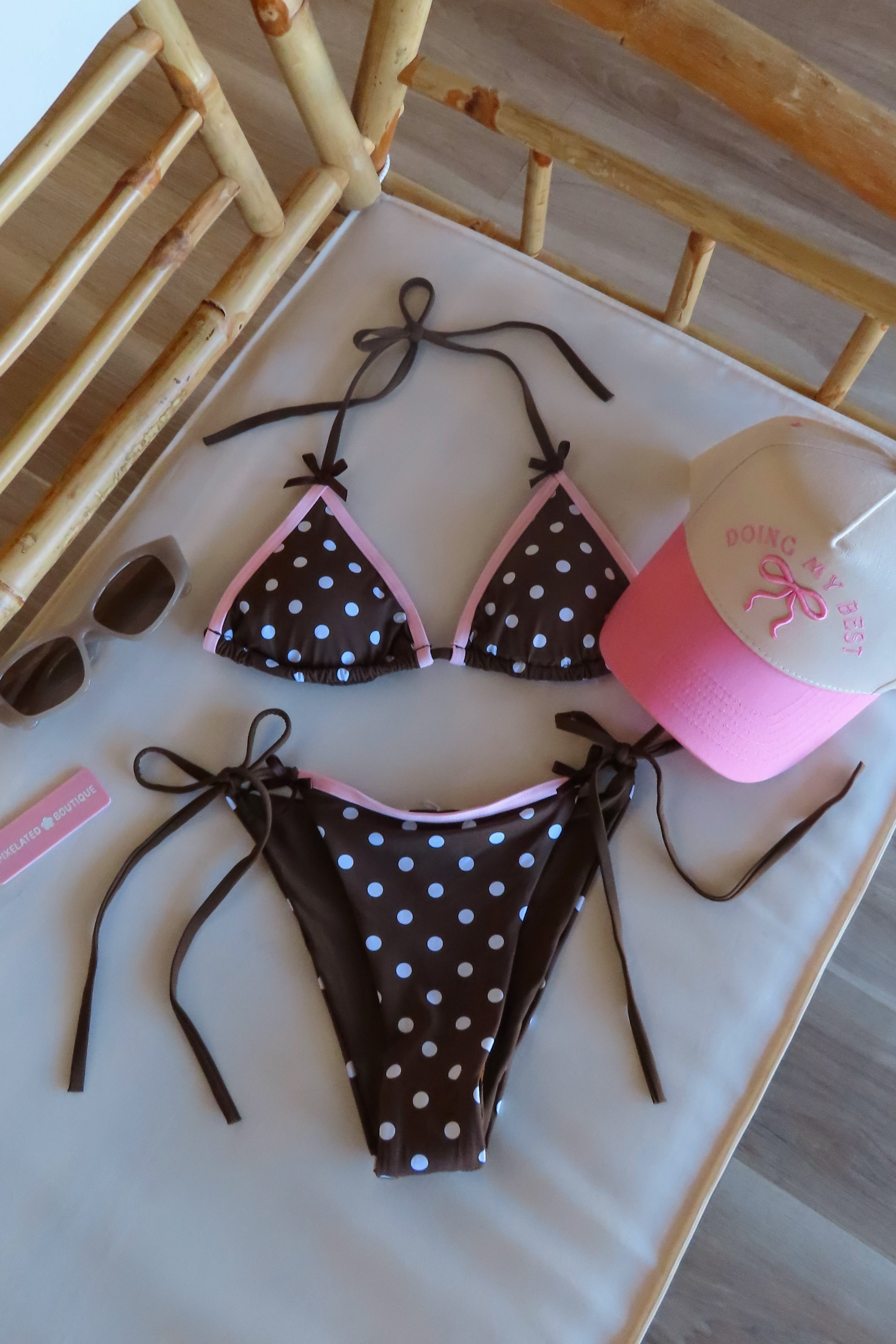  Pixelated Boutique, Women's Clothing, Outfit Inspo Spring, Summer fashion outfits, Spring fashion Inspo, Spring fits, Spring fashion inspo, winter dresses, women’s spring outfit 2026, Spring aesthetic, Spring Break, Vacation Bikini, Baithing suit, Womens swimsuit, polka dot, brown and pink bikini, polka dot bikini 