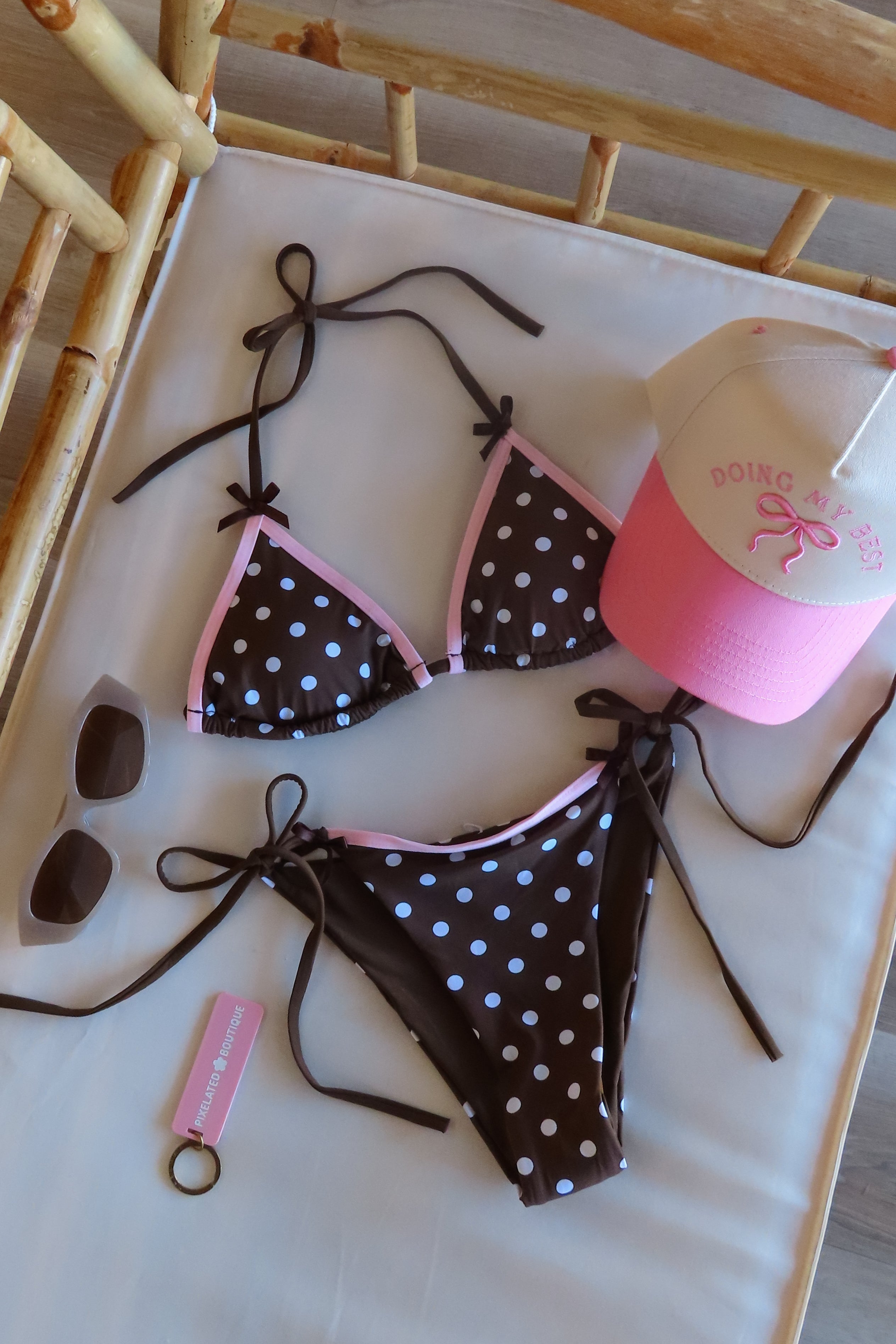  Pixelated Boutique, Women's Clothing, Outfit Inspo Spring, Summer fashion outfits, Spring fashion Inspo, Spring fits, Spring fashion inspo, winter dresses, women’s spring outfit 2026, Spring aesthetic, Spring Break, Vacation Bikini, Baithing suit, Womens swimsuit, polka dot, brown and pink bikini, polka dot bikini 