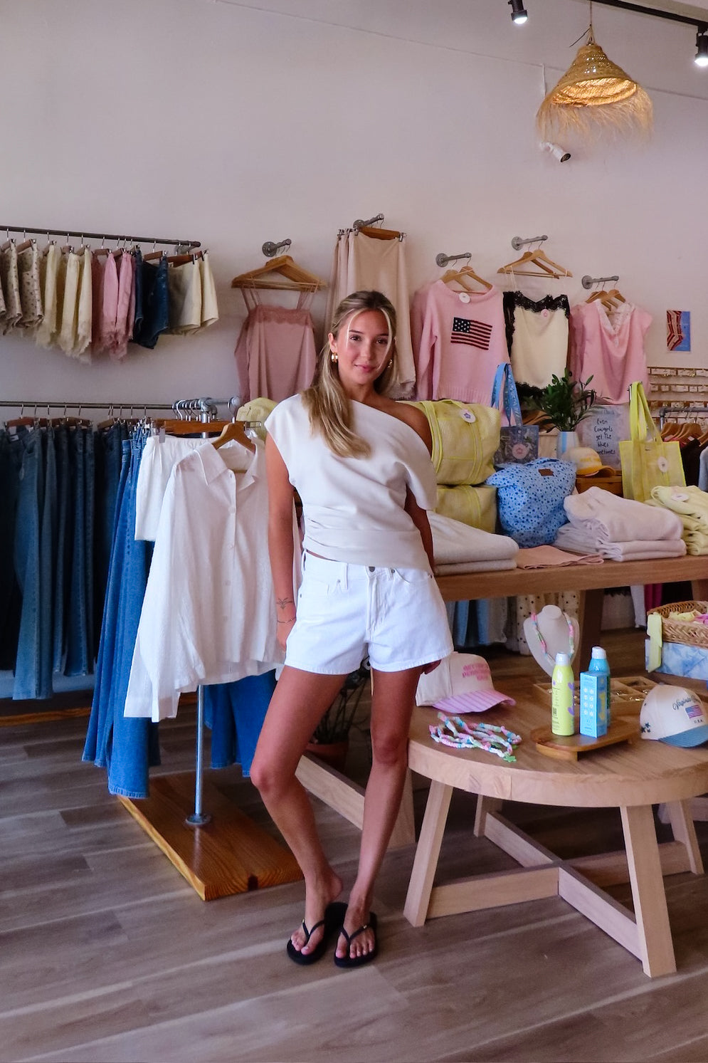 White, denim shorts with mid rise, straight fit, and finished hem