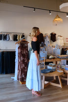 Pixelated Boutique, Women's Clothing, Online Shopping for Women, Fashion Trends 2026, Outfit Inspo, Virginia beach clothing stores, clothing stores in Virginia Beach, fashion outfits, fashion Inspo, women’s outfit 2026, outfit ideas, fashion, spring aesthetic, women’s spring outfit, spring style, spring break, blue maxi skirt, tiered skirt, blue skirt, summer skirt, spring skirt 