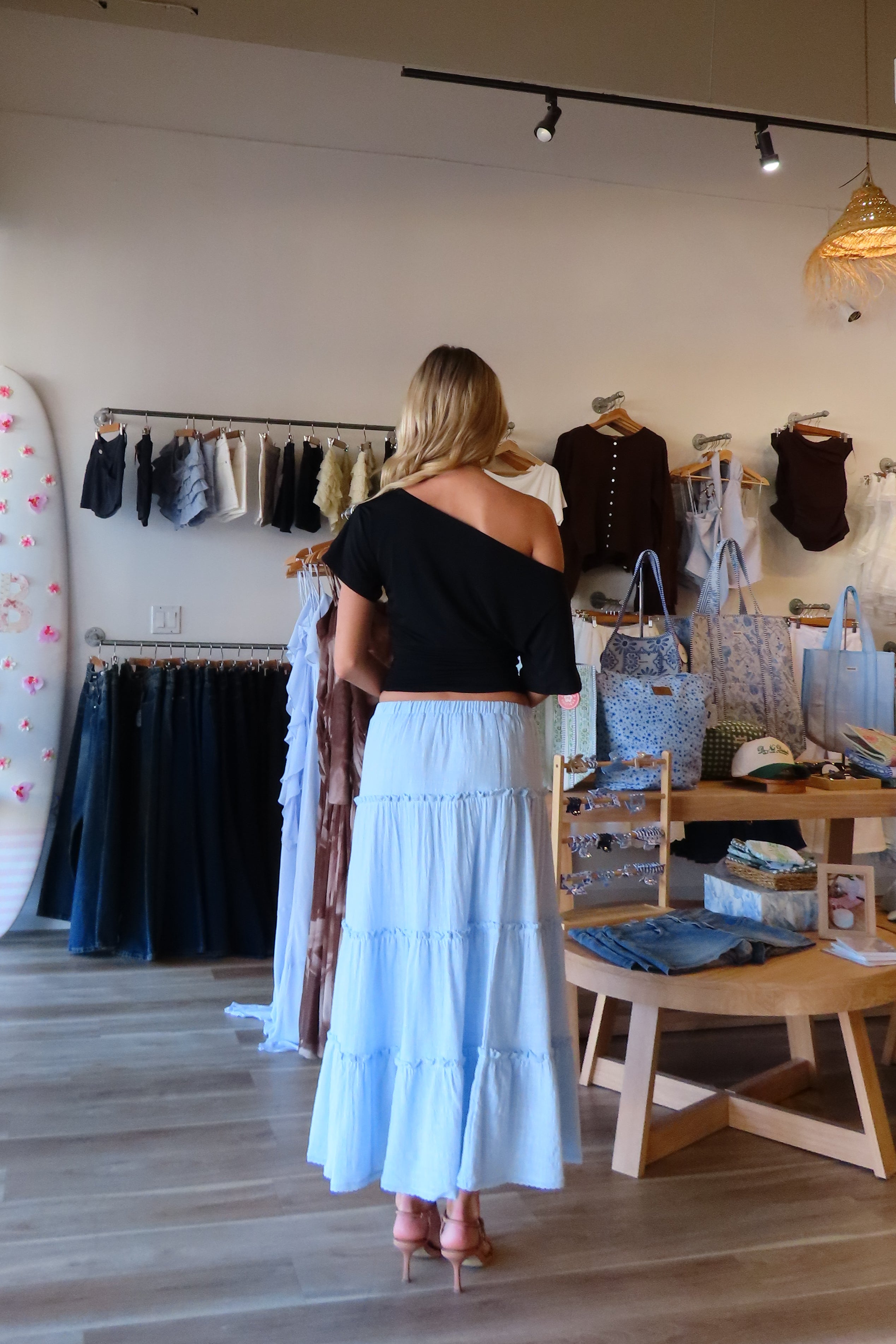 Pixelated Boutique, Women's Clothing, Online Shopping for Women, Fashion Trends 2026, Outfit Inspo, Virginia beach clothing stores, clothing stores in Virginia Beach, fashion outfits, fashion Inspo, women’s outfit 2026, outfit ideas, fashion, spring aesthetic, women’s spring outfit, spring style, spring break, blue maxi skirt, tiered skirt, blue skirt, summer skirt, spring skirt 