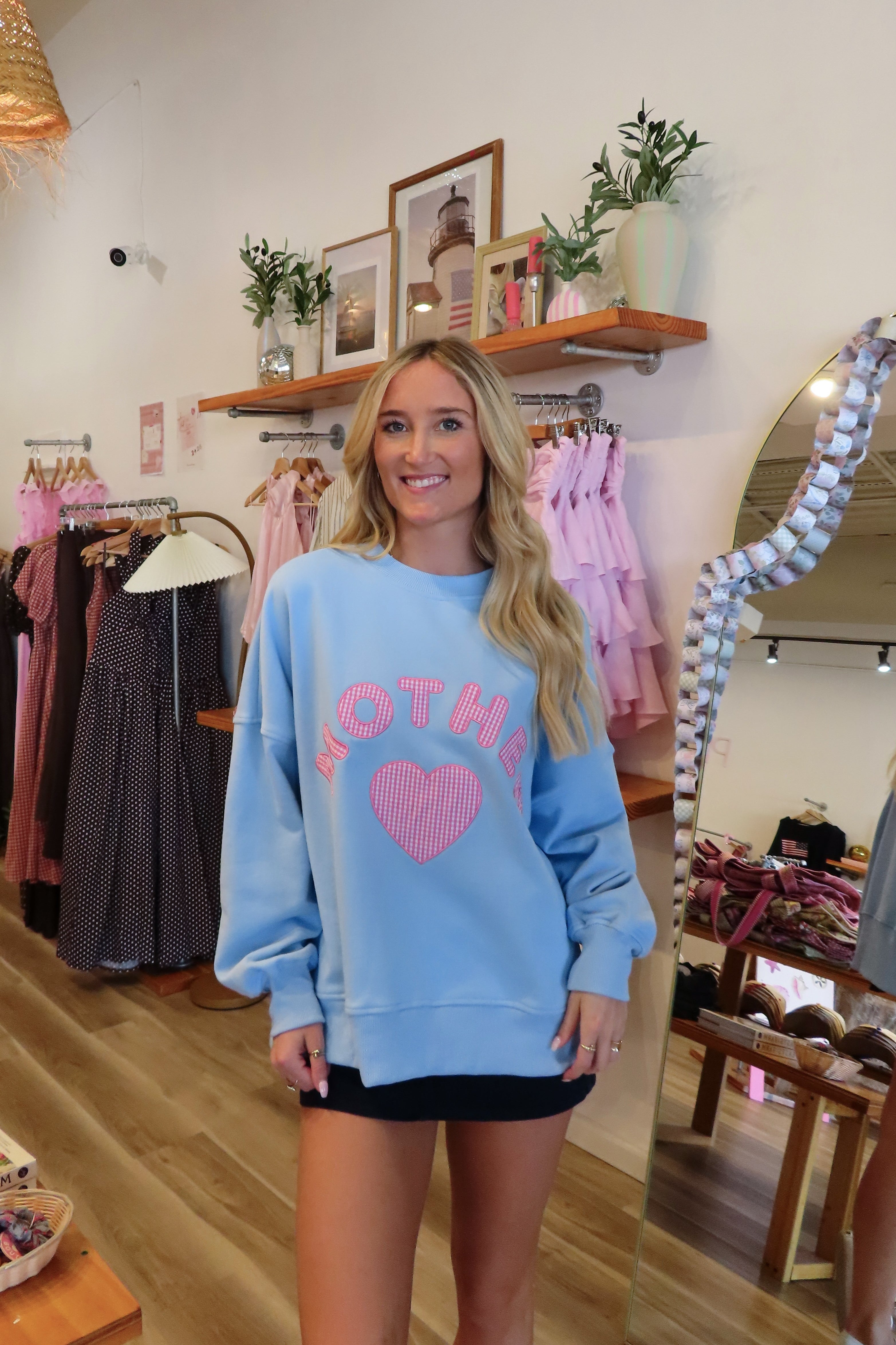 Pixelated Boutique, Women's Clothing, Online Shopping for Women, Fashion Trends 2026, Outfit Inspo, Virginia beach clothing stores, clothing stores in Virginia Beach, fashion outfits, fashion Inspo, women’s outfit 2026, outfit ideas, fashion, spring aesthetic, women’s spring outfit, spring style, spring break, crewneck, mother sweatshirt, Blue crewneck 