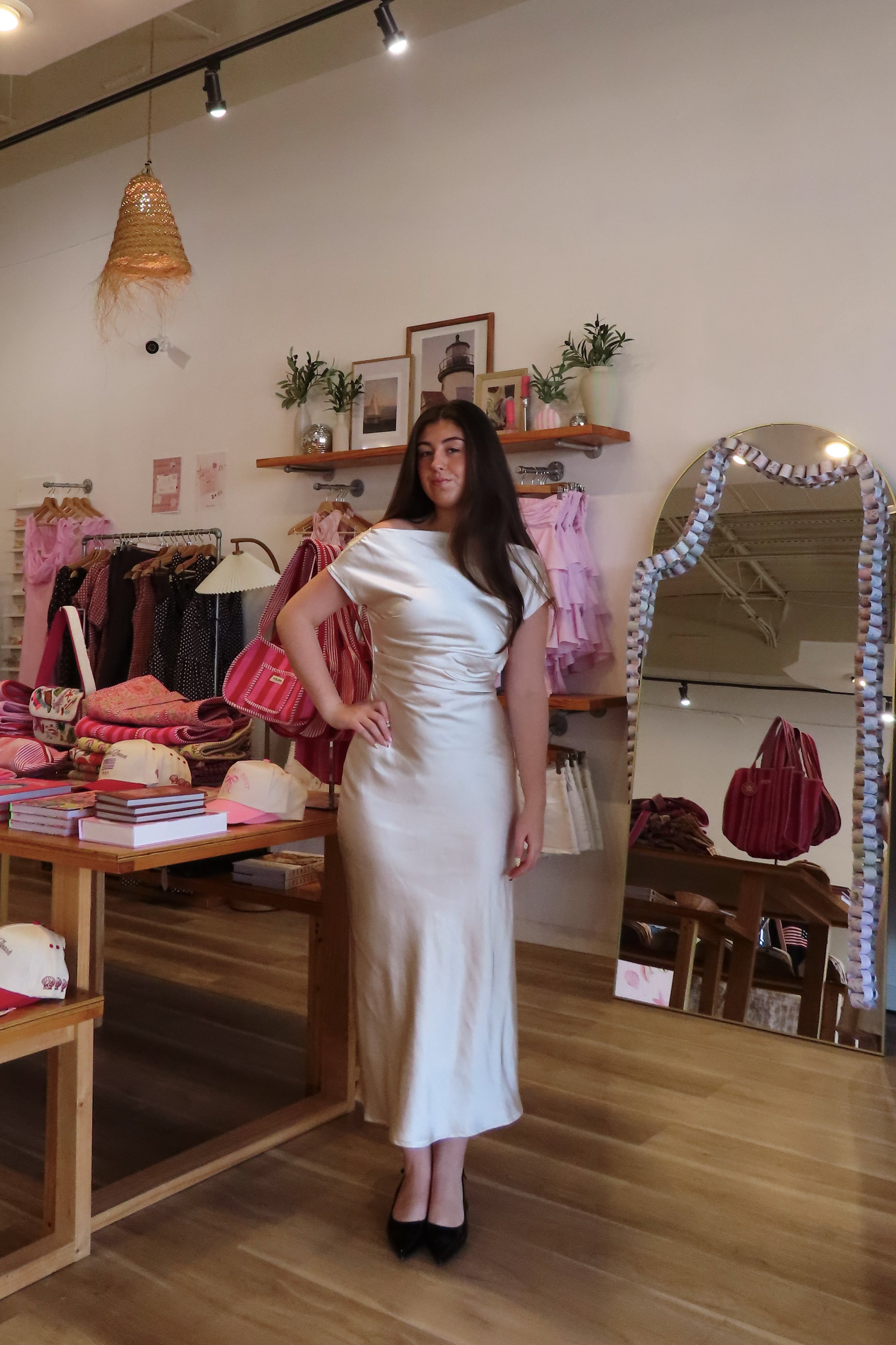 Pixelated Boutique, Women's Clothing, Online Shopping for Women, Fashion Trends 2026, Outfit Inspo, Virginia beach clothing stores, clothing stores in Virginia Beach, fashion outfits, fashion Inspo, women’s outfit 2026, outfit ideas, fashion, spring aesthetic, women’s spring outfit, spring style, spring break, cream dress, high neck dress, satin dress, classy dress
