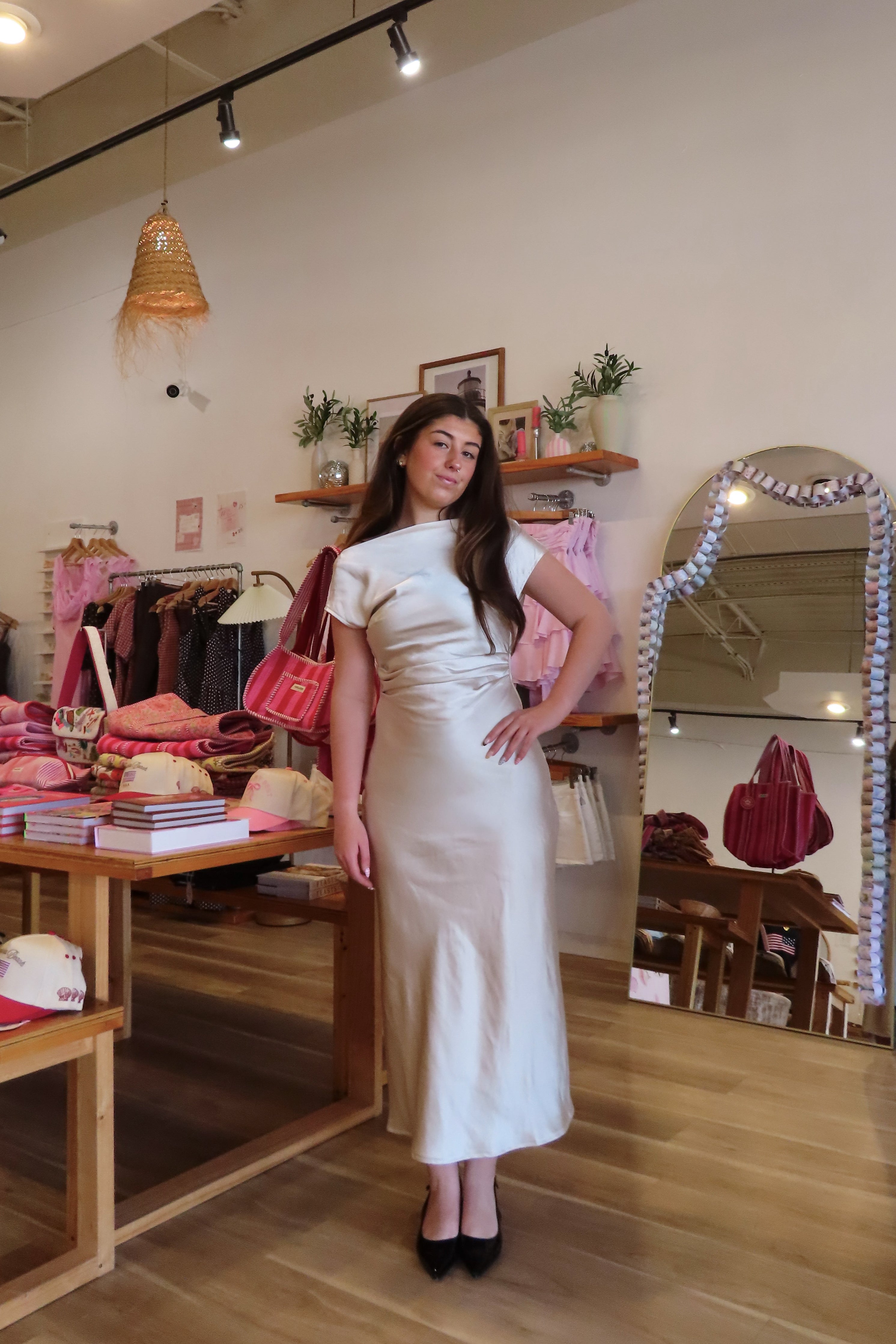 Pixelated Boutique, Women's Clothing, Online Shopping for Women, Fashion Trends 2026, Outfit Inspo, Virginia beach clothing stores, clothing stores in Virginia Beach, fashion outfits, fashion Inspo, women’s outfit 2026, outfit ideas, fashion, spring aesthetic, women’s spring outfit, spring style, spring break, cream dress, high neck dress, satin dress, classy dress