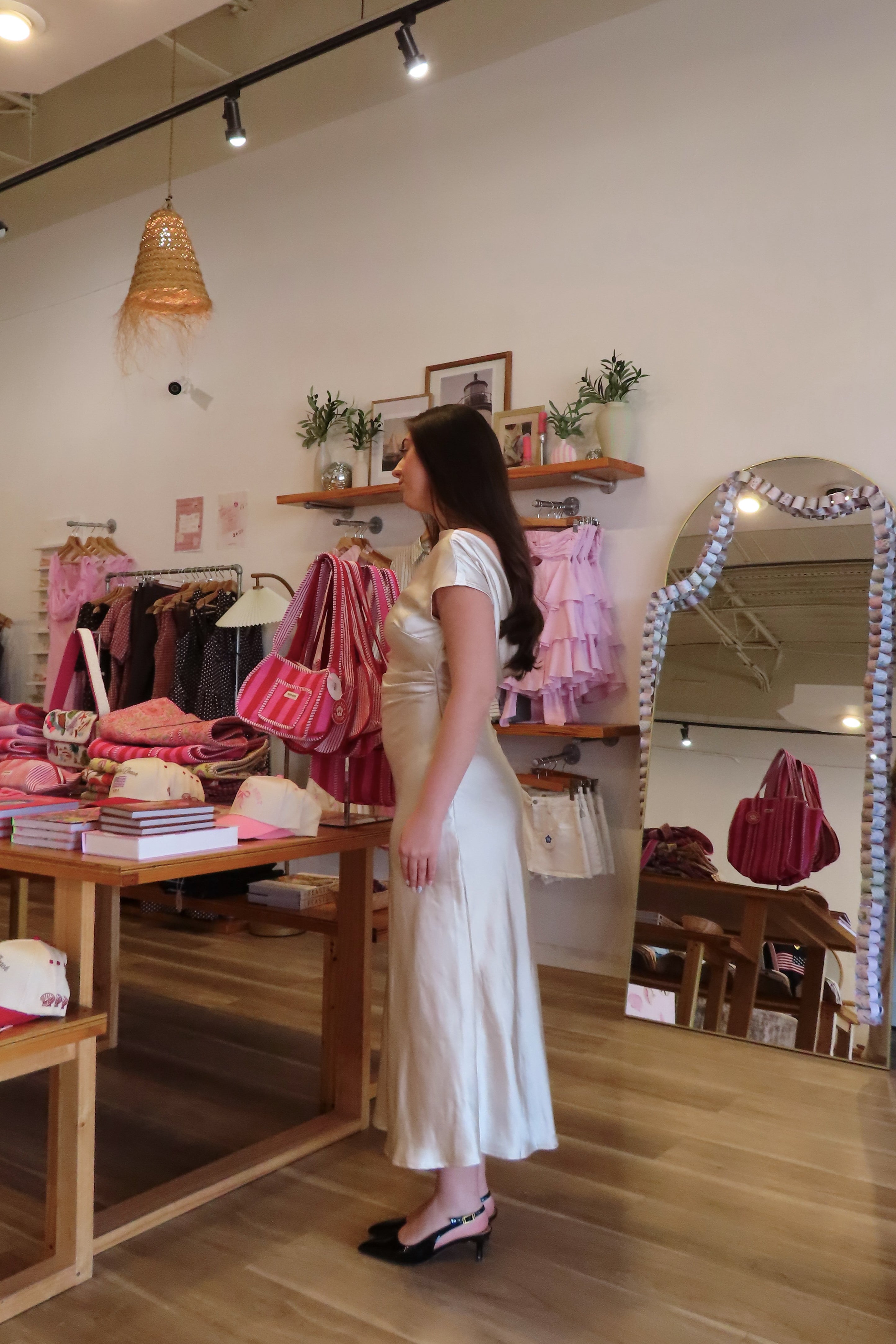 Pixelated Boutique, Women's Clothing, Online Shopping for Women, Fashion Trends 2026, Outfit Inspo, Virginia beach clothing stores, clothing stores in Virginia Beach, fashion outfits, fashion Inspo, women’s outfit 2026, outfit ideas, fashion, spring aesthetic, women’s spring outfit, spring style, spring break, cream dress, high neck dress, satin dress, classy dress