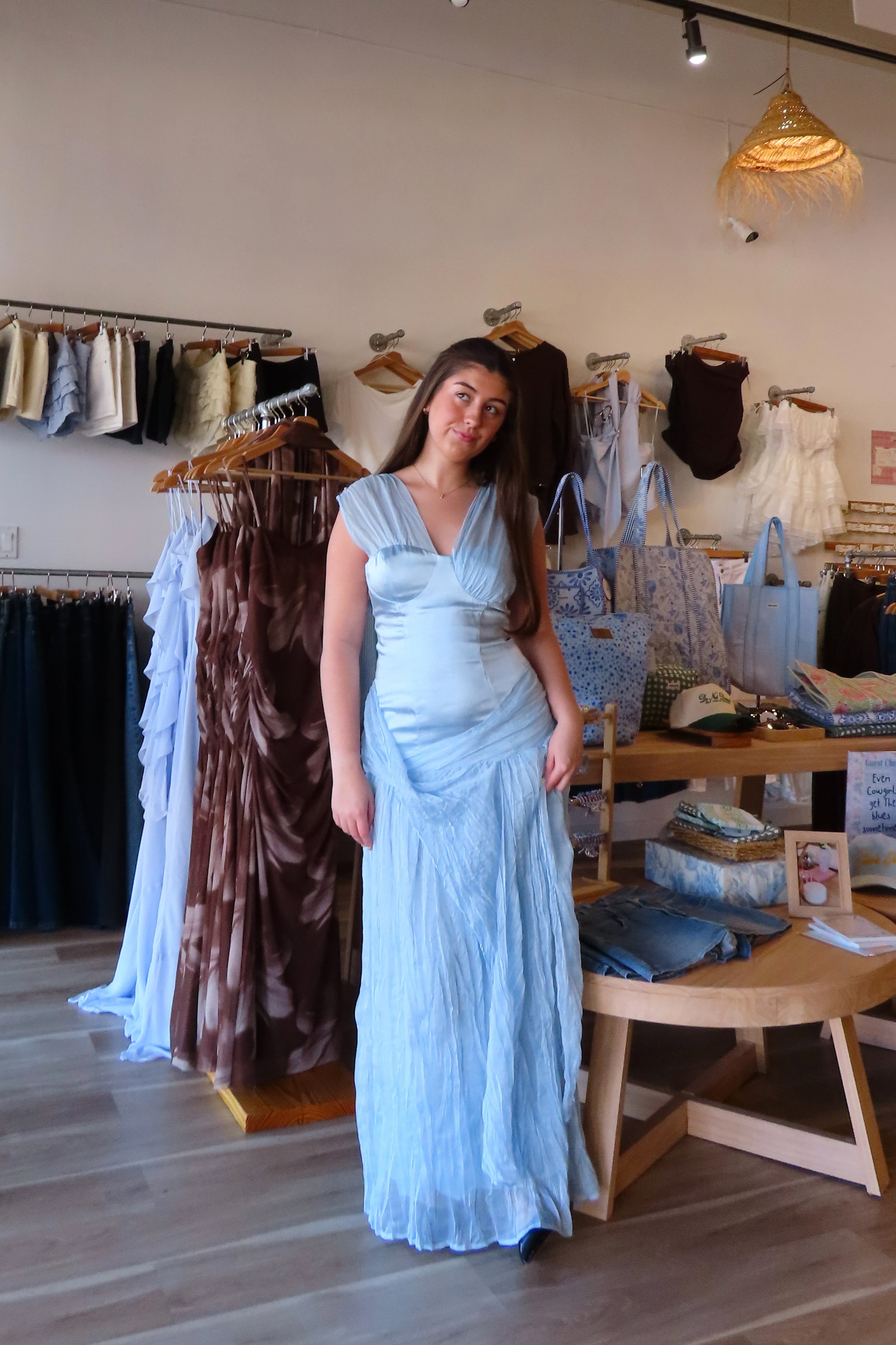 Pixelated Boutique, Women's Clothing, Online Shopping for Women, Fashion Trends 2026, Outfit Inspo, Virginia beach clothing stores, clothing stores in Virginia Beach, fashion outfits, fashion Inspo, women’s outfit 2026, outfit ideas, fashion, spring aesthetic, women’s spring outfit, spring style, spring break, blue satin dress, maxi dress, blue dress, wedding guest dress