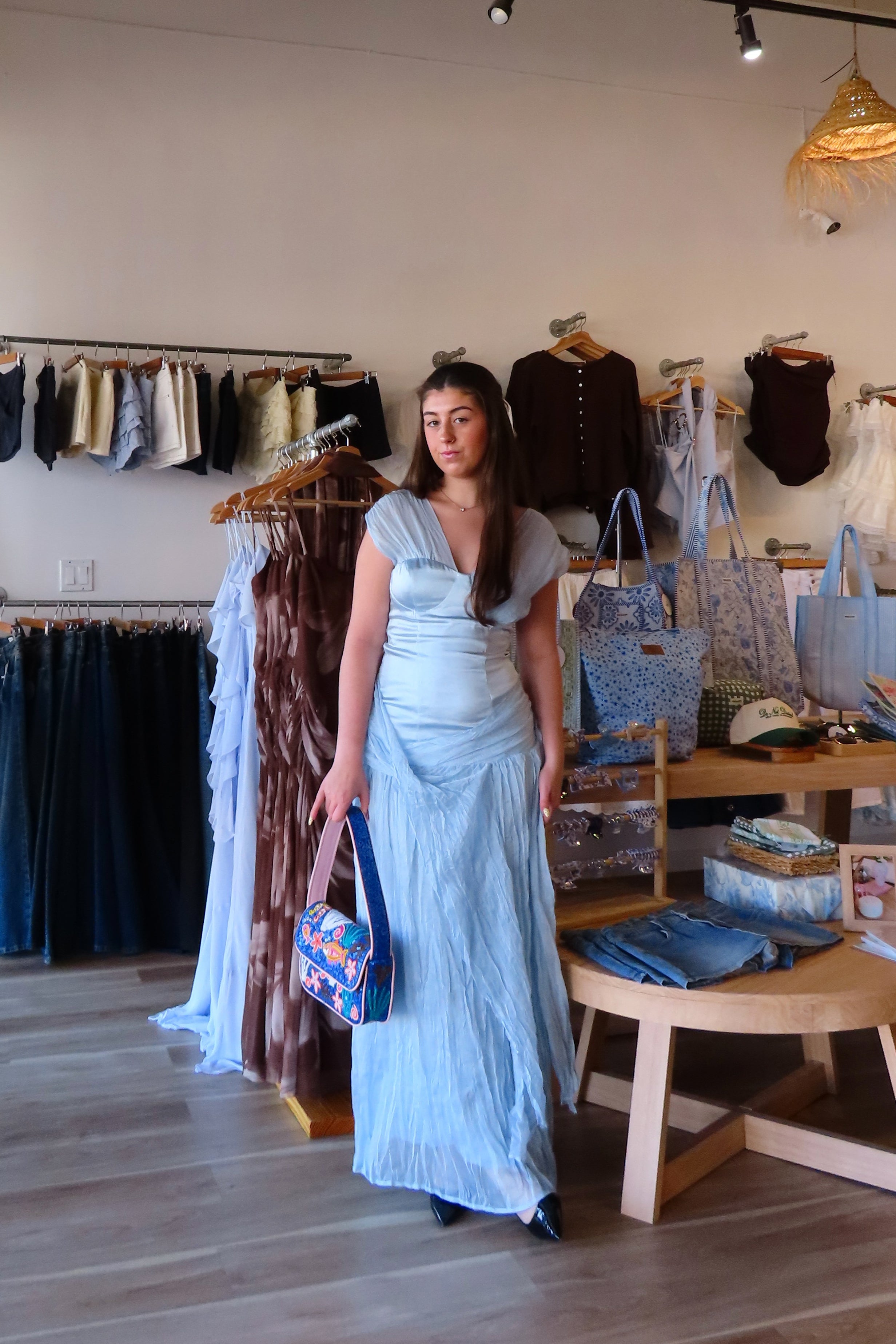 Pixelated Boutique, Women's Clothing, Online Shopping for Women, Fashion Trends 2026, Outfit Inspo, Virginia beach clothing stores, clothing stores in Virginia Beach, fashion outfits, fashion Inspo, women’s outfit 2026, outfit ideas, fashion, spring aesthetic, women’s spring outfit, spring style, spring break, blue satin dress, maxi dress, blue dress, wedding guest dress