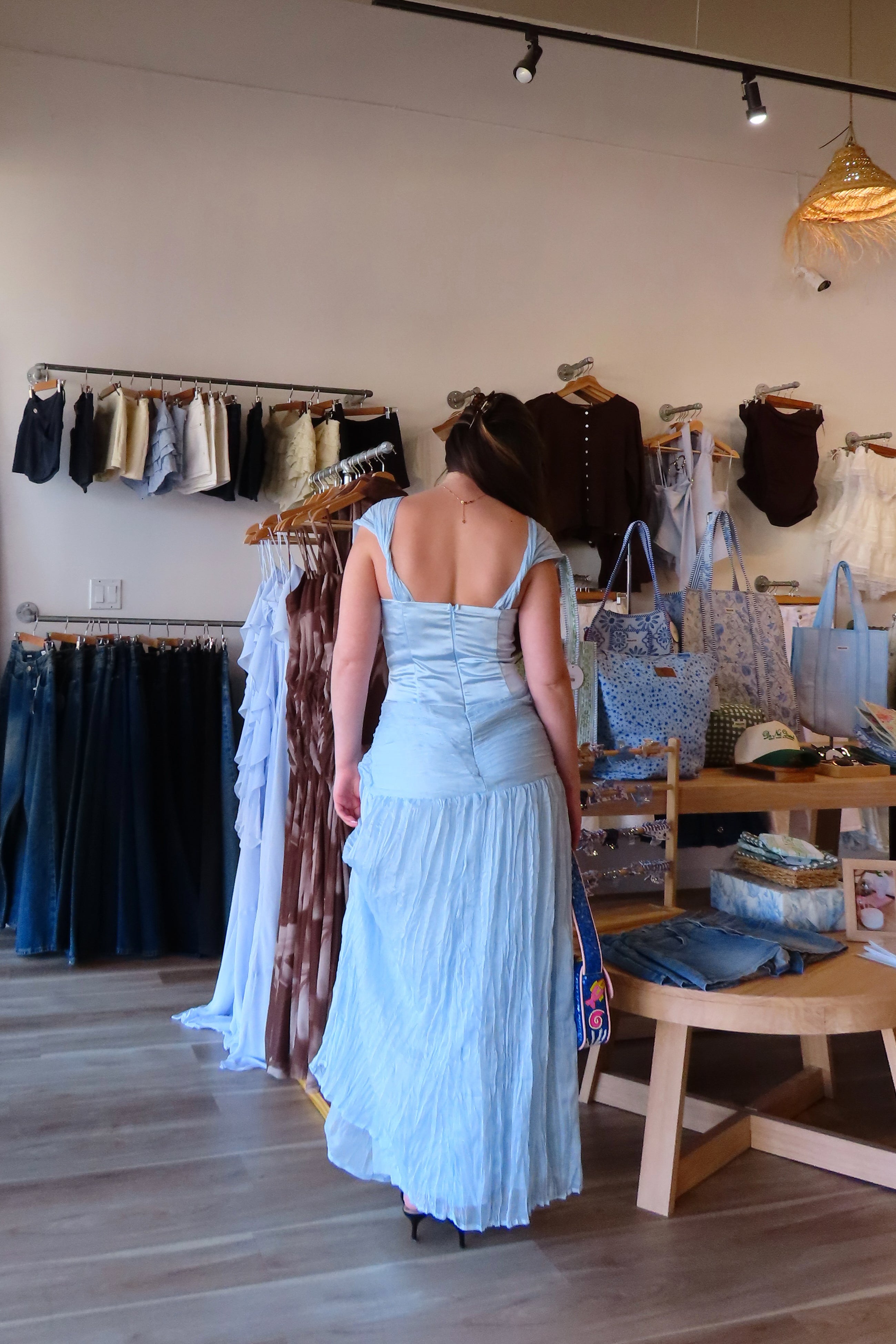 Pixelated Boutique, Women's Clothing, Online Shopping for Women, Fashion Trends 2026, Outfit Inspo, Virginia beach clothing stores, clothing stores in Virginia Beach, fashion outfits, fashion Inspo, women’s outfit 2026, outfit ideas, fashion, spring aesthetic, women’s spring outfit, spring style, spring break, blue satin dress, maxi dress, blue dress, wedding guest dress