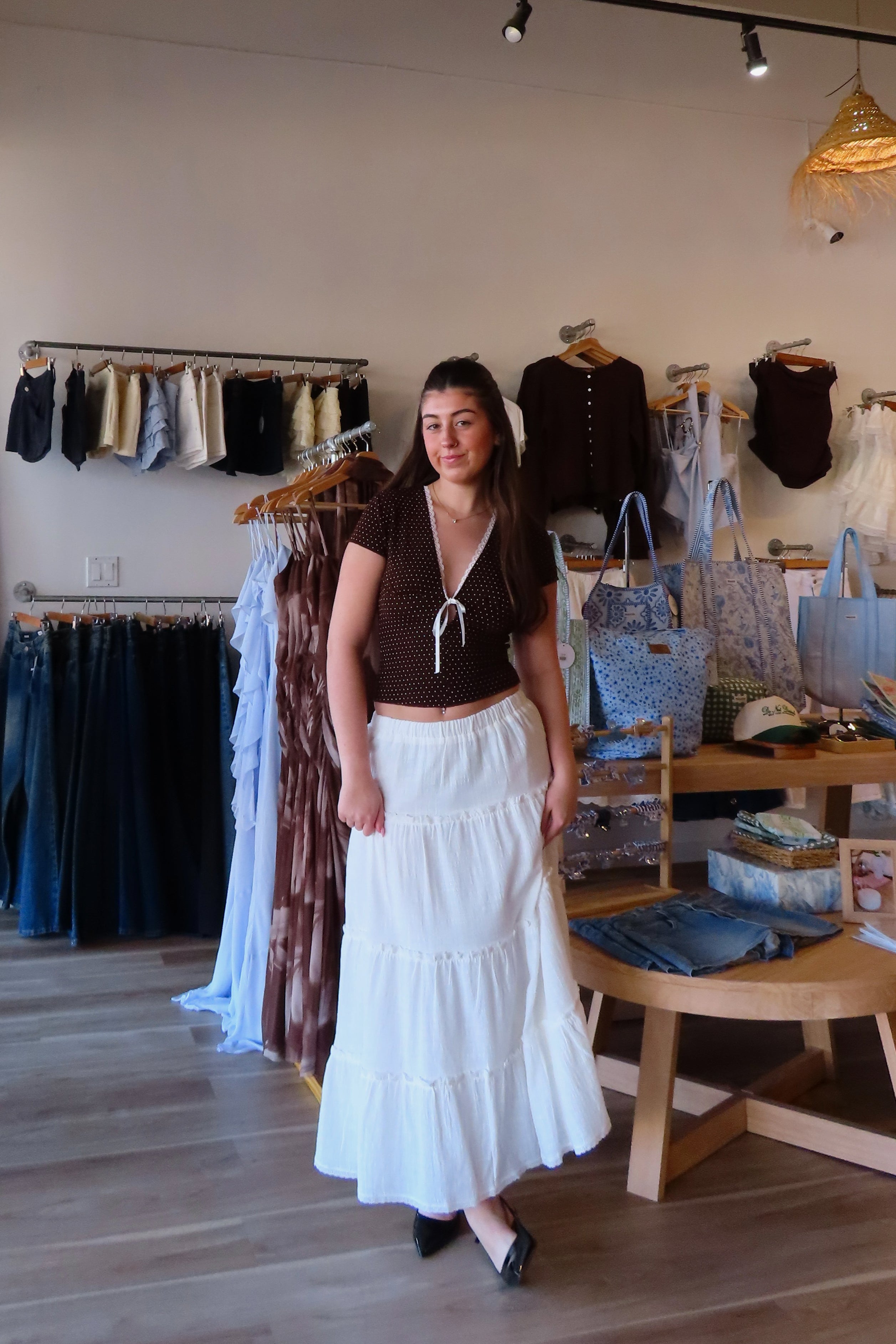 Pixelated Boutique, Women's Clothing, Online Shopping for Women, Fashion Trends 2026, Outfit Inspo, Virginia beach clothing stores, clothing stores in Virginia Beach, fashion outfits, fashion Inspo, women’s outfit 2026, outfit ideas, fashion, spring aesthetic, women’s spring outfit, spring style, spring break, blue maxi skirt, tiered skirt, blue skirt, summer skirt, spring skirt 