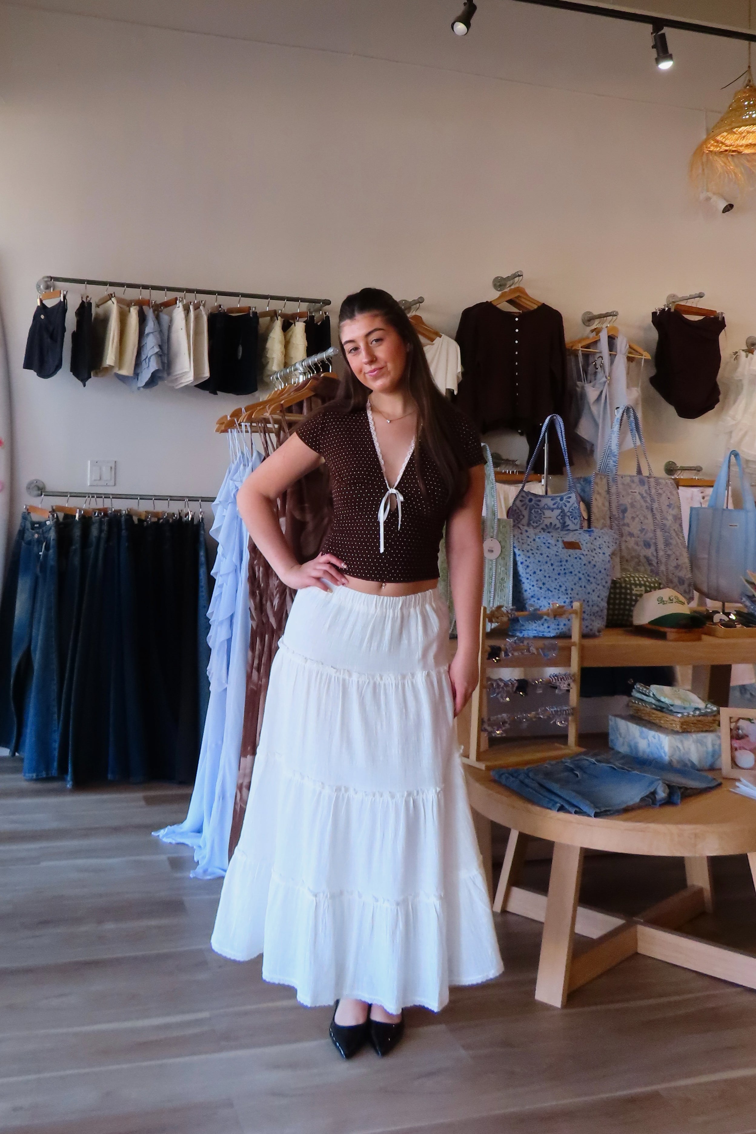 Pixelated Boutique, Women's Clothing, Online Shopping for Women, Fashion Trends 2026, Outfit Inspo, Virginia beach clothing stores, clothing stores in Virginia Beach, fashion outfits, fashion Inspo, women’s outfit 2026, outfit ideas, fashion, spring aesthetic, women’s spring outfit, spring style, spring break, blue maxi skirt, tiered skirt, blue skirt, summer skirt, spring skirt 