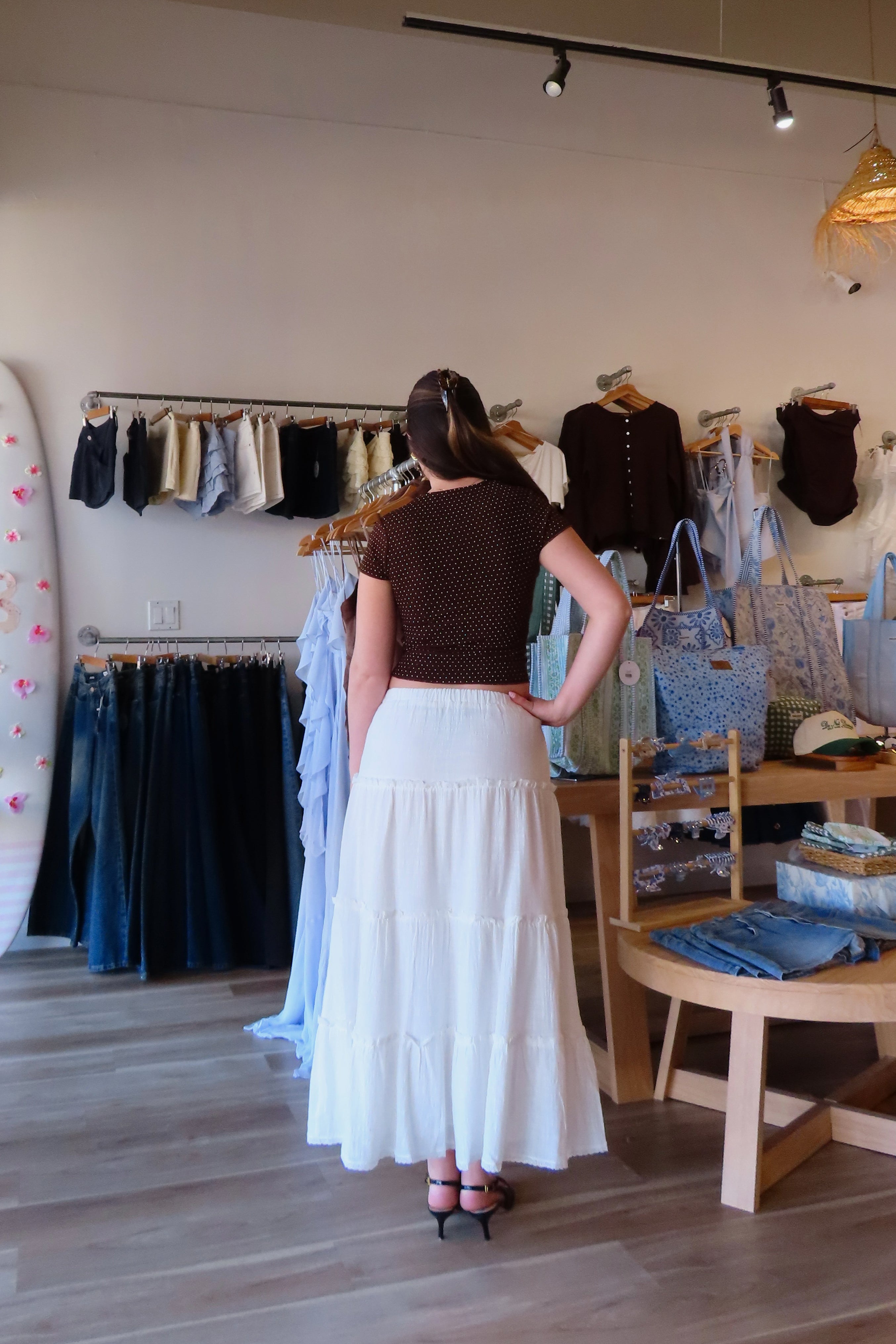 Pixelated Boutique, Women's Clothing, Online Shopping for Women, Fashion Trends 2026, Outfit Inspo, Virginia beach clothing stores, clothing stores in Virginia Beach, fashion outfits, fashion Inspo, women’s outfit 2026, outfit ideas, fashion, spring aesthetic, women’s spring outfit, spring style, spring break, blue maxi skirt, tiered skirt, blue skirt, summer skirt, spring skirt 