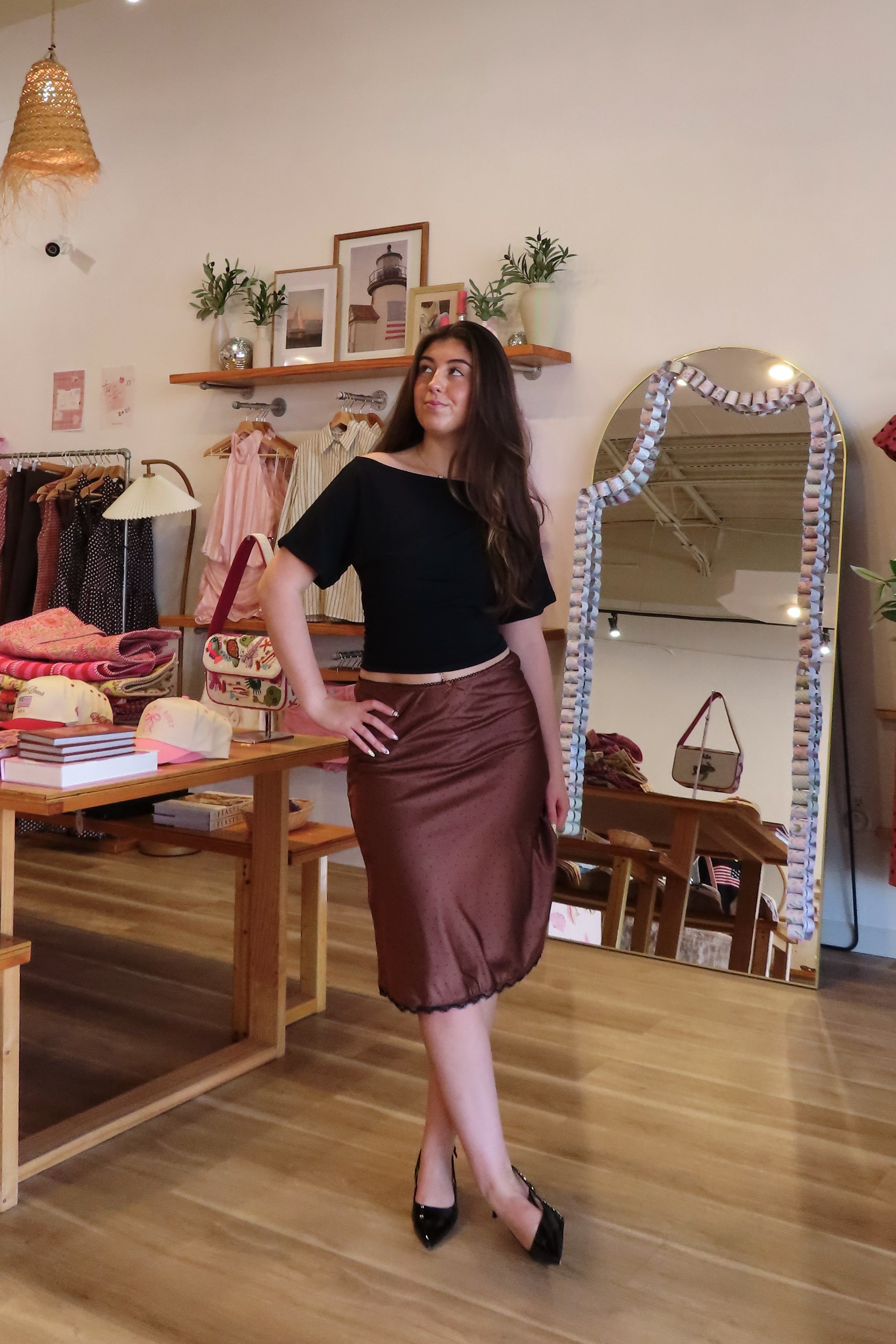 Pixelated Boutique, Women's Clothing, Online Shopping for Women, Fashion Trends 2026, Outfit Inspo, Virginia beach clothing stores, clothing stores in Virginia Beach, fashion outfits, fashion Inspo, women’s outfit 2026, outfit ideas, fashion, spring aesthetic, women’s spring outfit, spring style, spring break, polka dot skirt, satin skirt, midi skirt, neutral style, classy style 