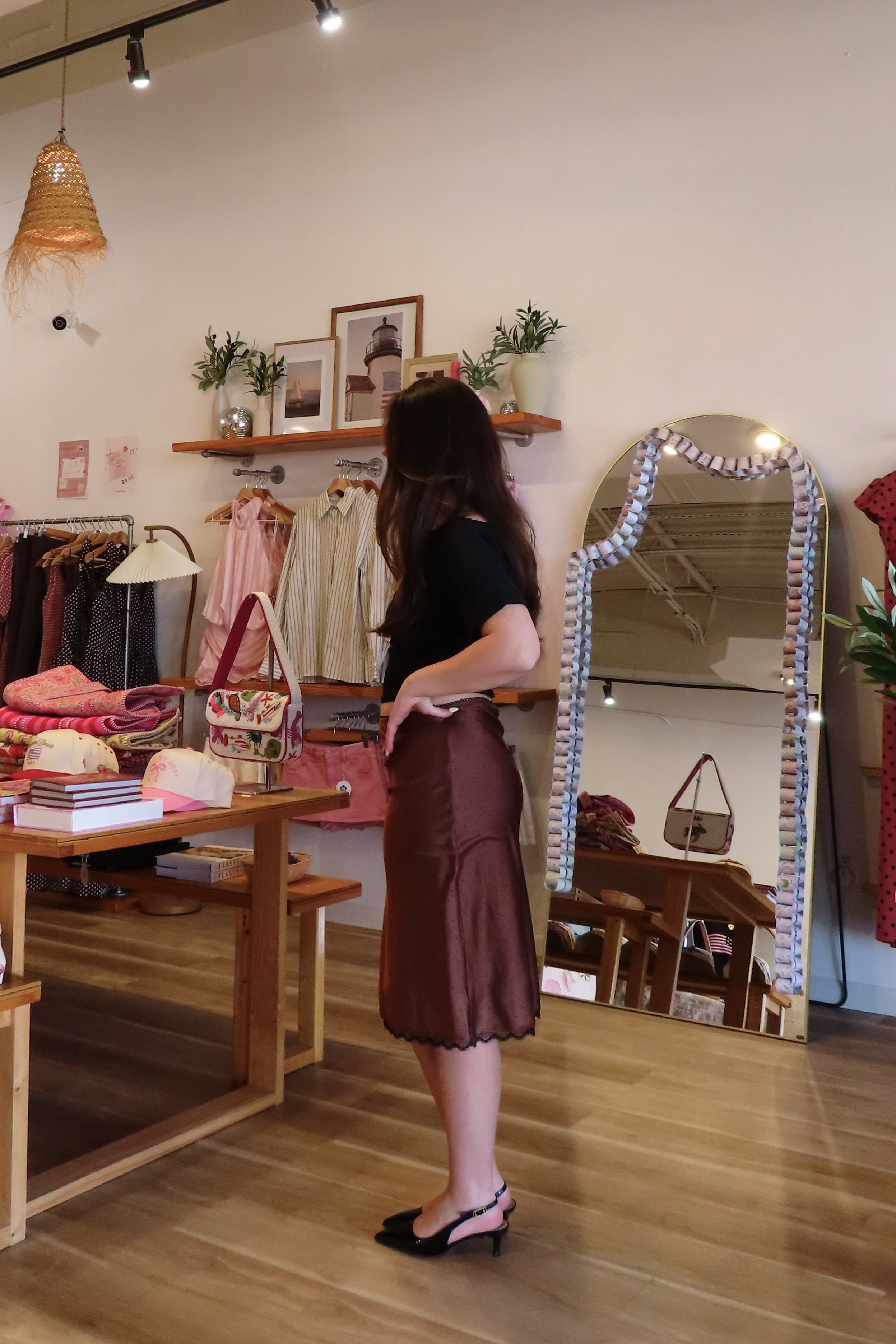 Pixelated Boutique, Women's Clothing, Online Shopping for Women, Fashion Trends 2026, Outfit Inspo, Virginia beach clothing stores, clothing stores in Virginia Beach, fashion outfits, fashion Inspo, women’s outfit 2026, outfit ideas, fashion, spring aesthetic, women’s spring outfit, spring style, spring break, polka dot skirt, satin skirt, midi skirt, neutral style, classy style 