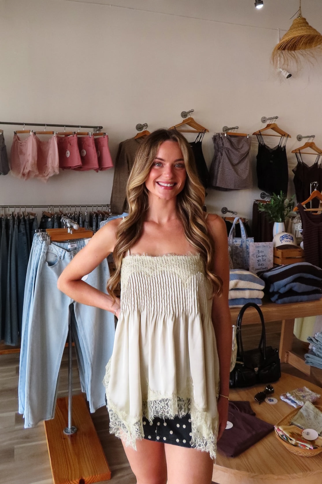 Cream, cami top with straight neckline, lace trim, pleated bodice, and adjustable straps | Pixelated Boutique, Boutique Shopping in Virginia Beach, Women’s Boutique, Fall Fashion, Fall Dresses, Back to School Shopping, Trendy Fall Outfits, Women’s Fall Clothing, Casual Fall Outfits