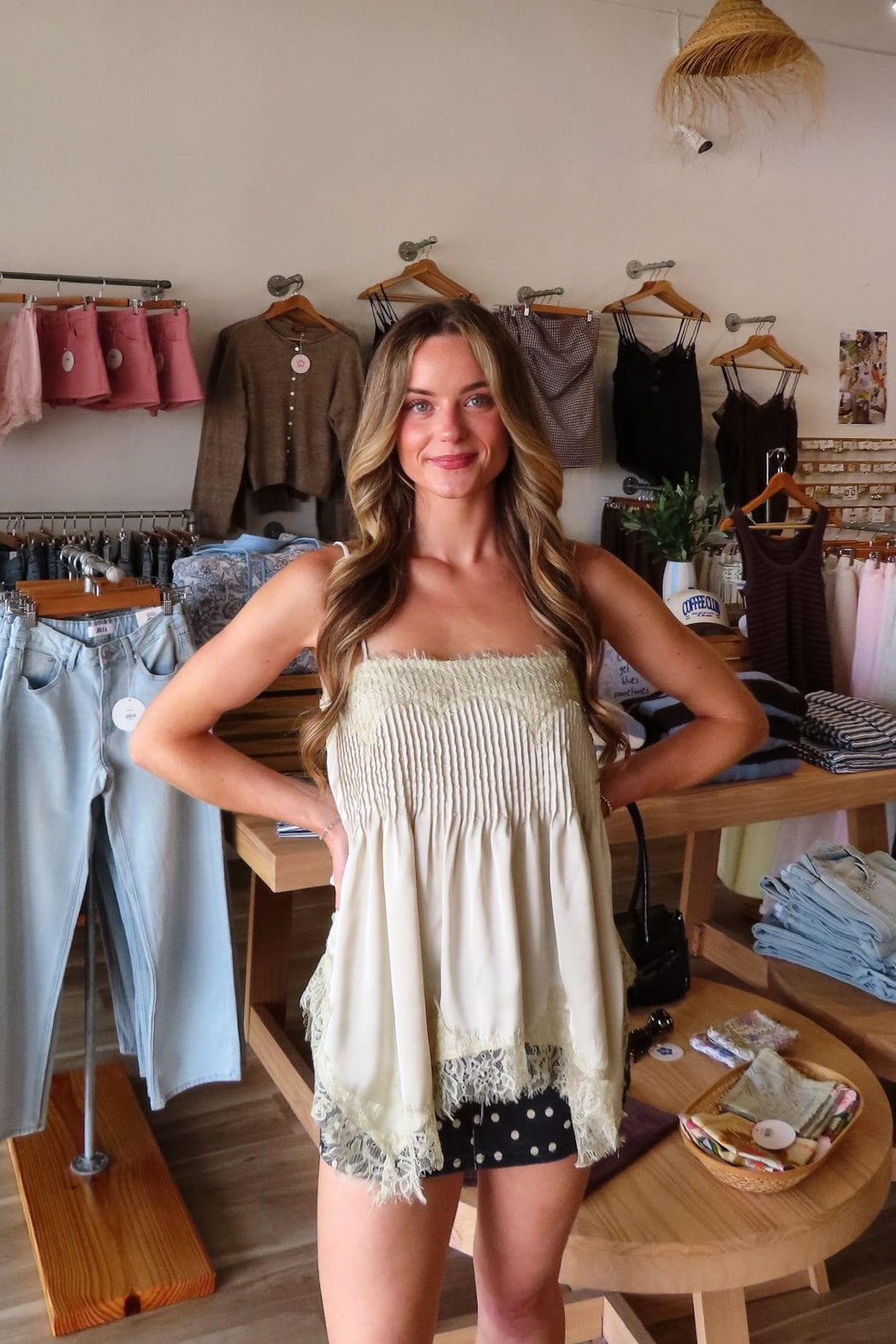 Cream, cami top with straight neckline, lace trim, pleated bodice, and adjustable straps | Pixelated Boutique, Boutique Shopping in Virginia Beach, Women’s Boutique, Fall Fashion, Fall Dresses, Back to School Shopping, Trendy Fall Outfits, Women’s Fall Clothing, Casual Fall Outfits