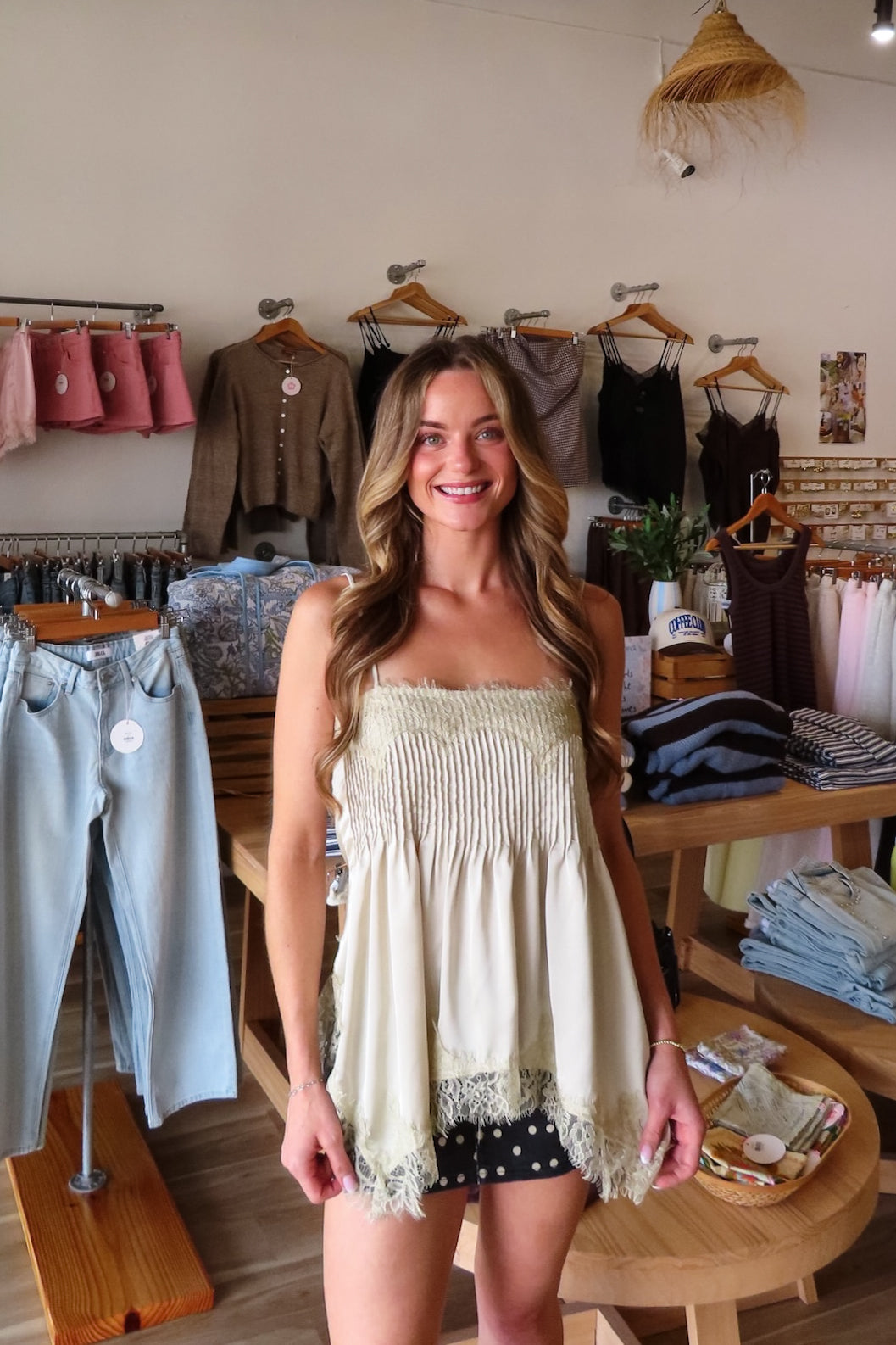 Cream, cami top with straight neckline, lace trim, pleated bodice, and adjustable straps | Pixelated Boutique, Boutique Shopping in Virginia Beach, Women’s Boutique, Fall Fashion, Fall Dresses, Back to School Shopping, Trendy Fall Outfits, Women’s Fall Clothing, Casual Fall Outfits
