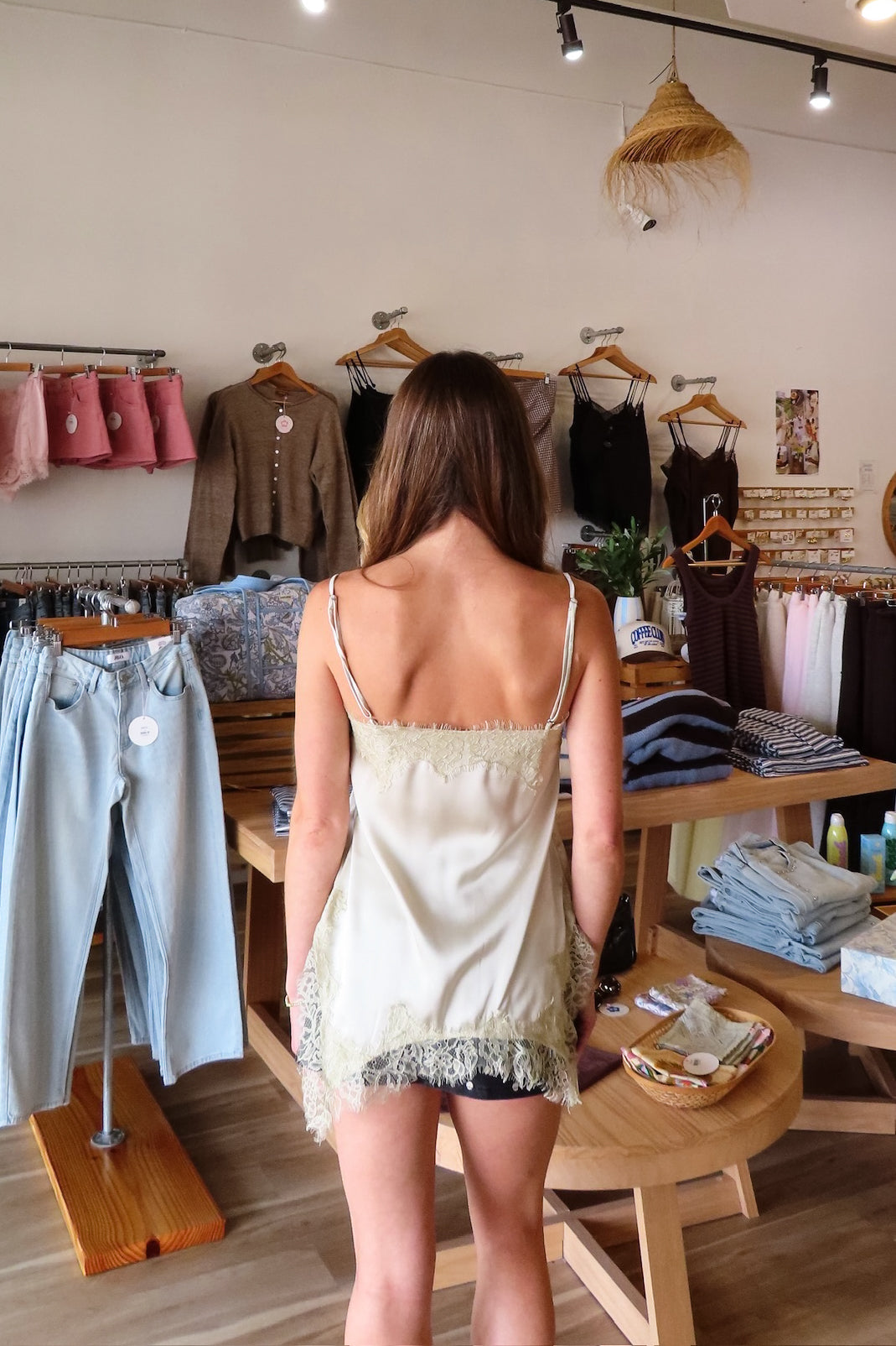 Cream, cami top with straight neckline, lace trim, pleated bodice, and adjustable straps | Pixelated Boutique, Boutique Shopping in Virginia Beach, Women’s Boutique, Fall Fashion, Fall Dresses, Back to School Shopping, Trendy Fall Outfits, Women’s Fall Clothing, Casual Fall Outfits