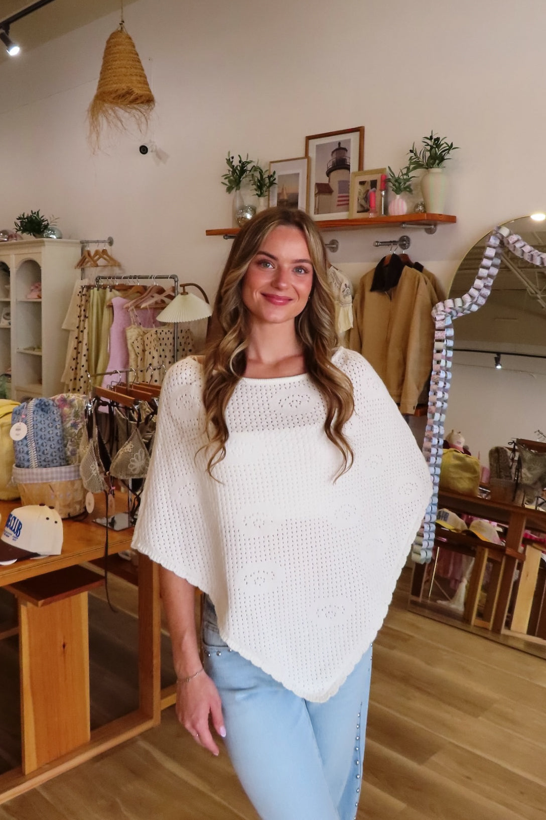 White, knit poncho with boat neckline, scallop trim and floral details | Pixelated Boutique, Virginia Beach Clothing Stores, Clothing Stores in Virginia Beach, Virginia Beach Boutique, 757 Boutique, Beach Fashion, Vacation Style, Coastal Cowgirl Aesthetic