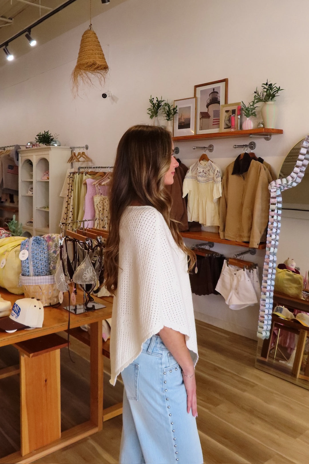 White, knit poncho with boat neckline, scallop trim and floral details | Pixelated Boutique, Virginia Beach Clothing Stores, Clothing Stores in Virginia Beach, Virginia Beach Boutique, 757 Boutique, Beach Fashion, Vacation Style, Coastal Cowgirl Aesthetic