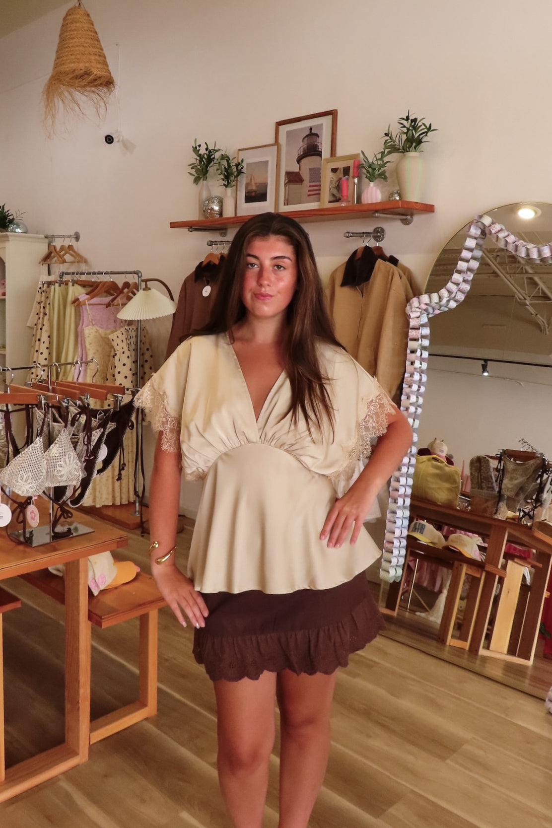 Tan, satin blouse with V neckline, lace trim, short sleeves, side zipper, and lining | Pixelated Boutique, Boutique Shopping in Virginia Beach, Women’s Boutique, Fall Fashion, Fall Dresses, Back to School Shopping, Trendy Fall Outfits, Women’s Fall Clothing, Casual Fall Outfits