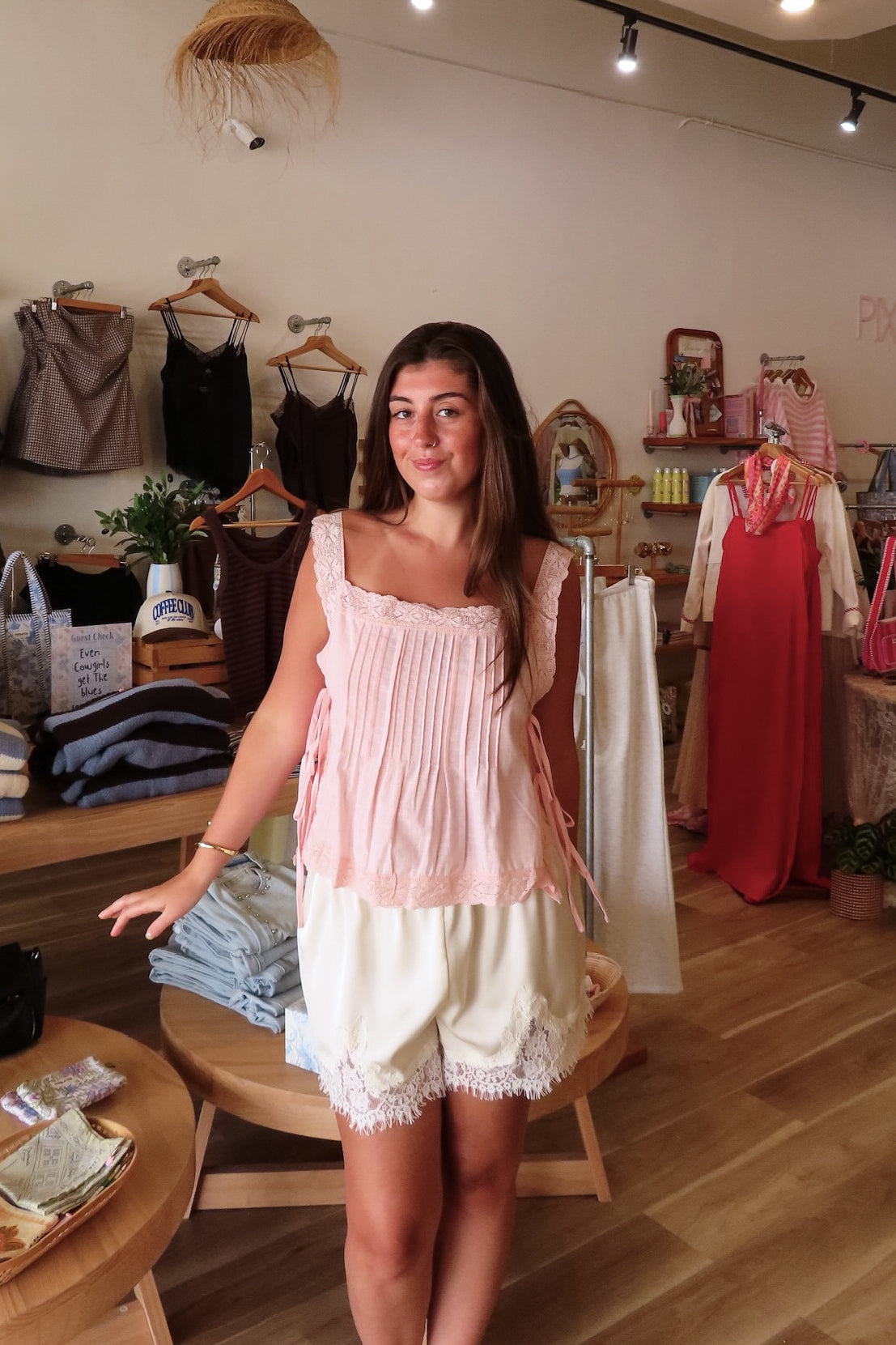 Pink, pin-tuck tank top with square neckline, side ties, and lace straps and trim | Pixelated Boutique, Online Shopping for Women, Women’s Boutique Clothing, Boutique Clothing for Women, Coastal Aesthetic Clothing, Vacation Outfits, Beach Boutique, Beach Outfits, Business Casual 
