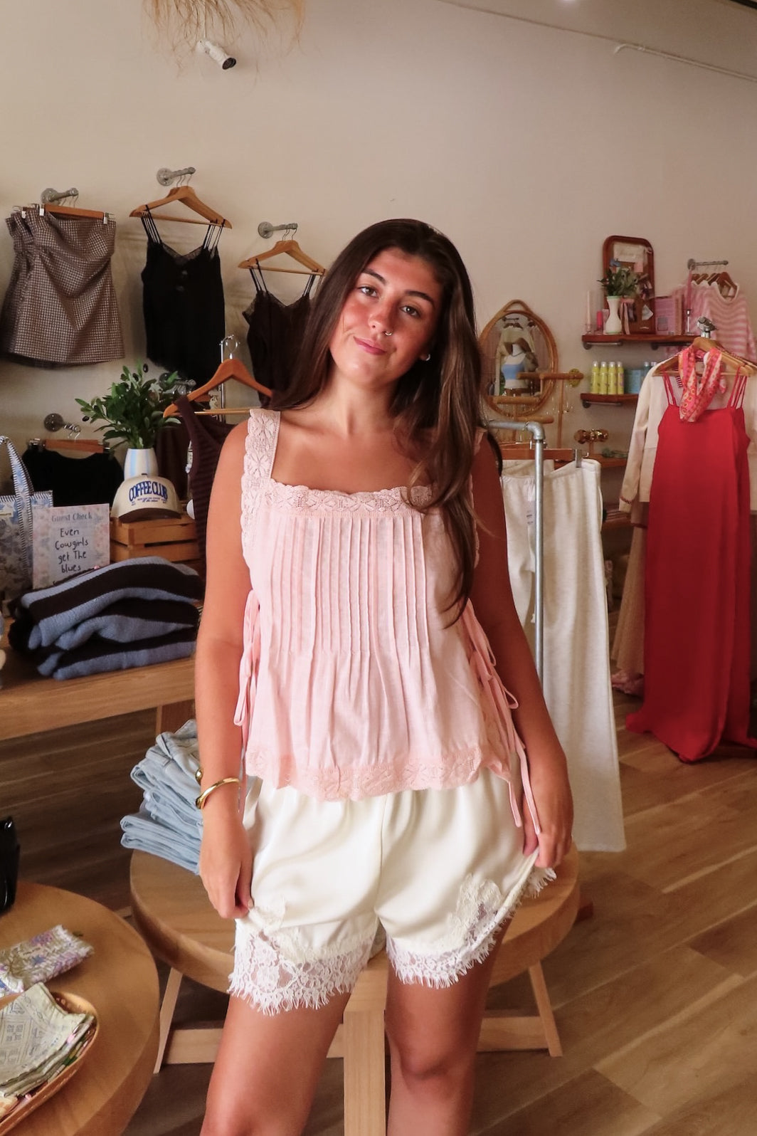 Pink, pin-tuck tank top with square neckline, side ties, and lace straps and trim | Pixelated Boutique, Online Shopping for Women, Women’s Boutique Clothing, Boutique Clothing for Women, Coastal Aesthetic Clothing, Vacation Outfits, Beach Boutique, Beach Outfits, Business Casual 