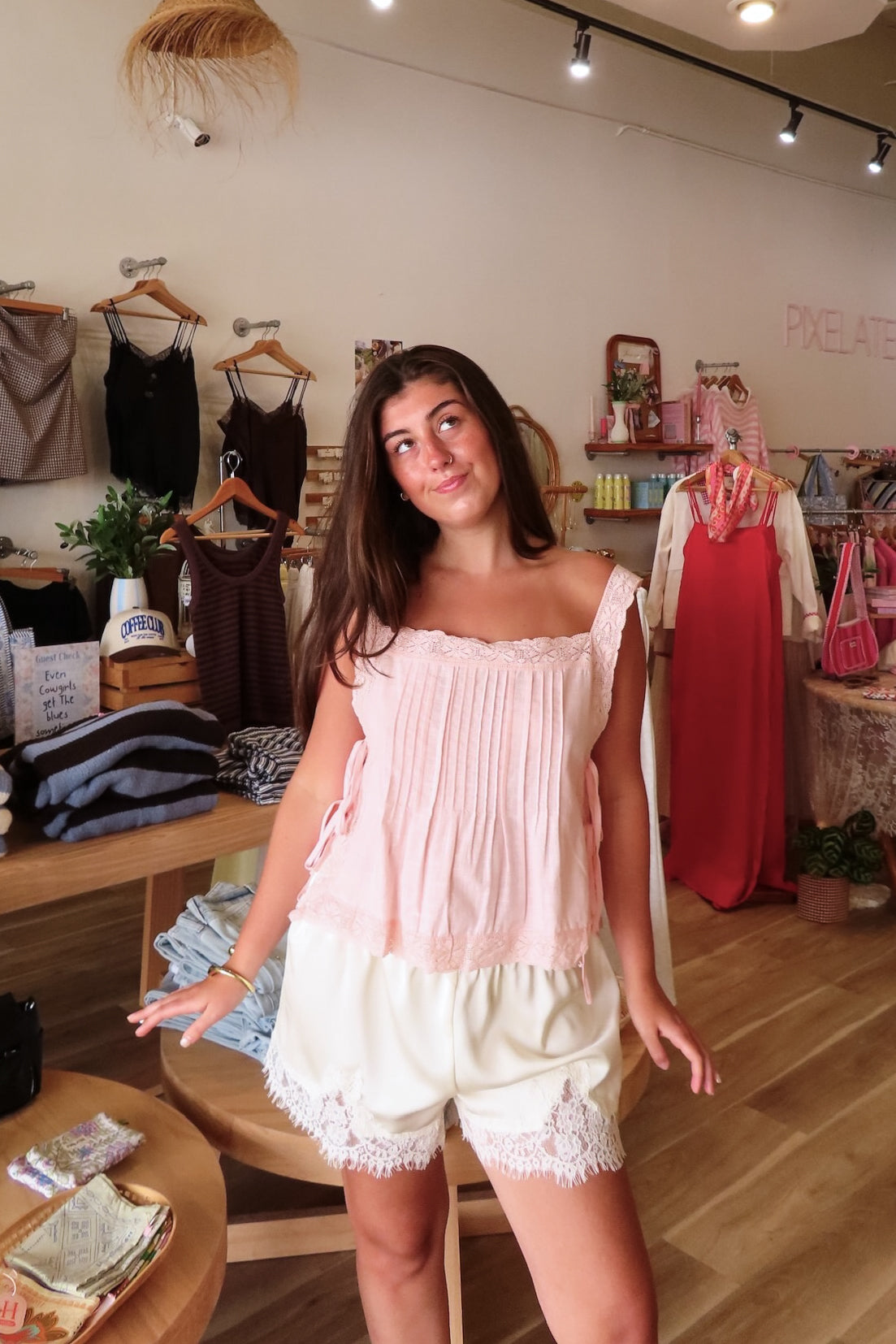 Pink, pin-tuck tank top with square neckline, side ties, and lace straps and trim | Pixelated Boutique, Online Shopping for Women, Women’s Boutique Clothing, Boutique Clothing for Women, Coastal Aesthetic Clothing, Vacation Outfits, Beach Boutique, Beach Outfits, Business Casual 