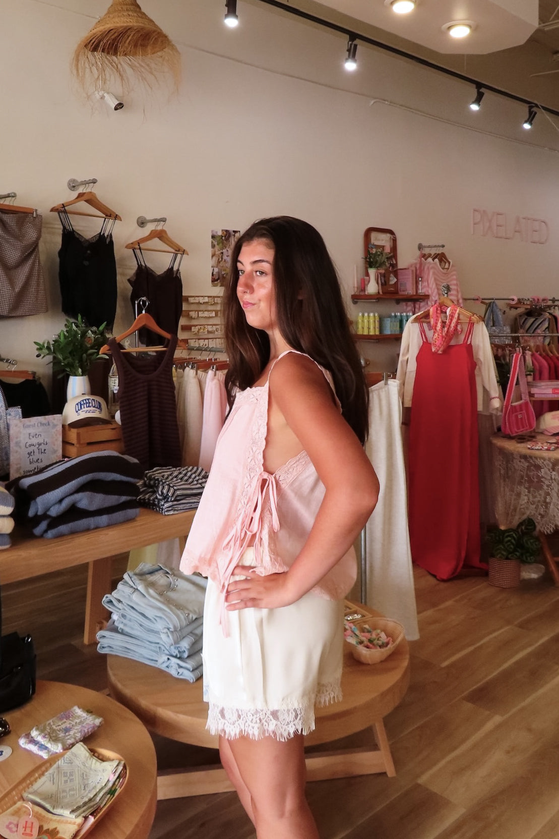 Pink, pin-tuck tank top with square neckline, side ties, and lace straps and trim | Pixelated Boutique, Online Shopping for Women, Women’s Boutique Clothing, Boutique Clothing for Women, Coastal Aesthetic Clothing, Vacation Outfits, Beach Boutique, Beach Outfits, Business Casual 