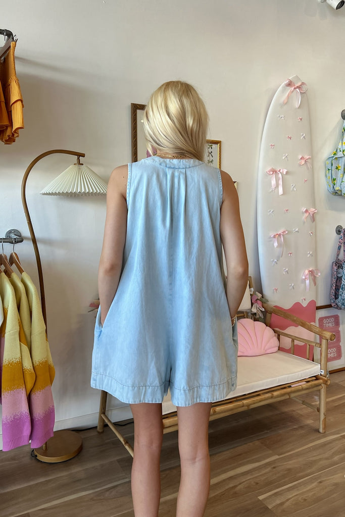 Denim Romper, Pixelated Boutique, Women's Clothing, Women's Jewelry and Gifts, Online Shopping for Women, Latest Fashion Trends, Women's Boutique Clothing, Virginia Beach, Clothing Stores in Virginia Beach, Rush Dresses, Graduation Dresses, Cute Clothes, Aesthetic Trends, Quality Jewelry, East Coast Styles, College Styles, Spring Trends