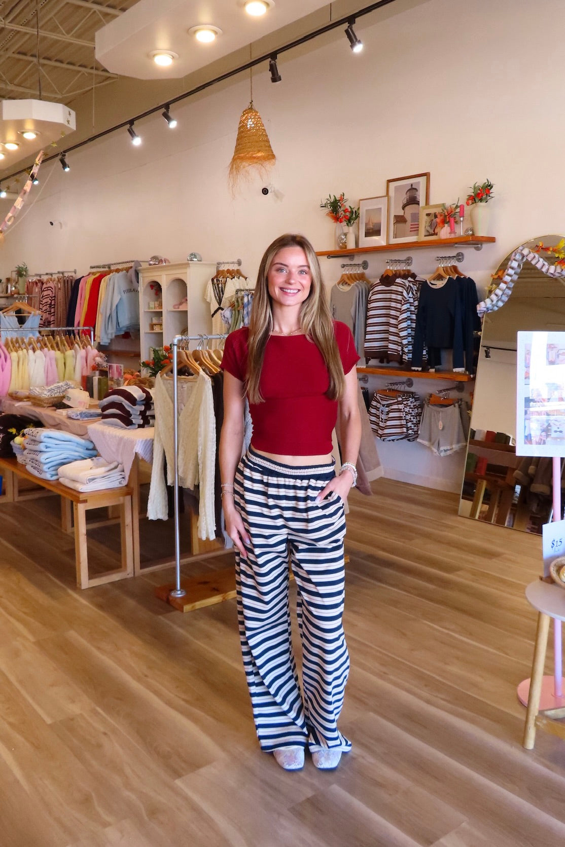 Blue, striped pants with high waist, wide leg, and side pockets | Pixelated Boutique, Boutique Shopping in Virginia Beach, Women’s Boutique, Fall Fashion, Fall Dresses, Fall Shopping, Trendy Fall Outfits, Women’s Fall Clothing, Casual Fall Outfit
