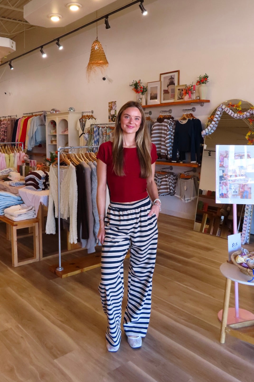 Blue, striped pants with high waist, wide leg, and side pockets | Pixelated Boutique, Boutique Shopping in Virginia Beach, Women’s Boutique, Fall Fashion, Fall Dresses, Fall Shopping, Trendy Fall Outfits, Women’s Fall Clothing, Casual Fall Outfit