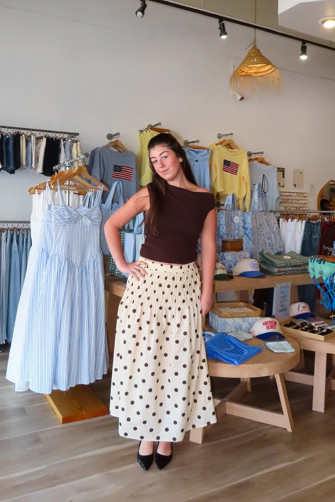 Cream, polka dot midi skirt with drop waist and ruching smocked waistline, sleepy cowgirl, western fashion, coachella aesthetic
Pixelated Boutique, Women's Clothing, Virginia Beach Clothing Stores, Clothing Stores in Virginia Beach, Virginia Beach Boutique, 757 Boutique, Online Shopping for Women, summer aesthetic, spring break, vacation style, vacation outfits, beach boutique, beach fashion, beach outfits, women’s boutique clothing, boutique clothing for women, coastal cowgirl, concert outfit