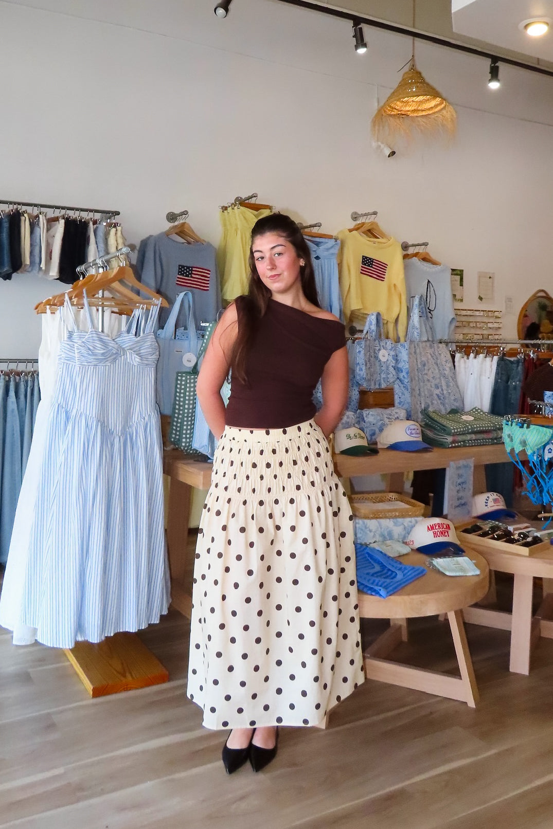 Cream, polka dot midi skirt with drop waist and ruching smocked waistline, sleepy cowgirl, western fashion, coachella aesthetic
Pixelated Boutique, Women's Clothing, Virginia Beach Clothing Stores, Clothing Stores in Virginia Beach, Virginia Beach Boutique, 757 Boutique, Online Shopping for Women, summer aesthetic, spring break, vacation style, vacation outfits, beach boutique, beach fashion, beach outfits, women’s boutique clothing, boutique clothing for women, coastal cowgirl, concert outfit