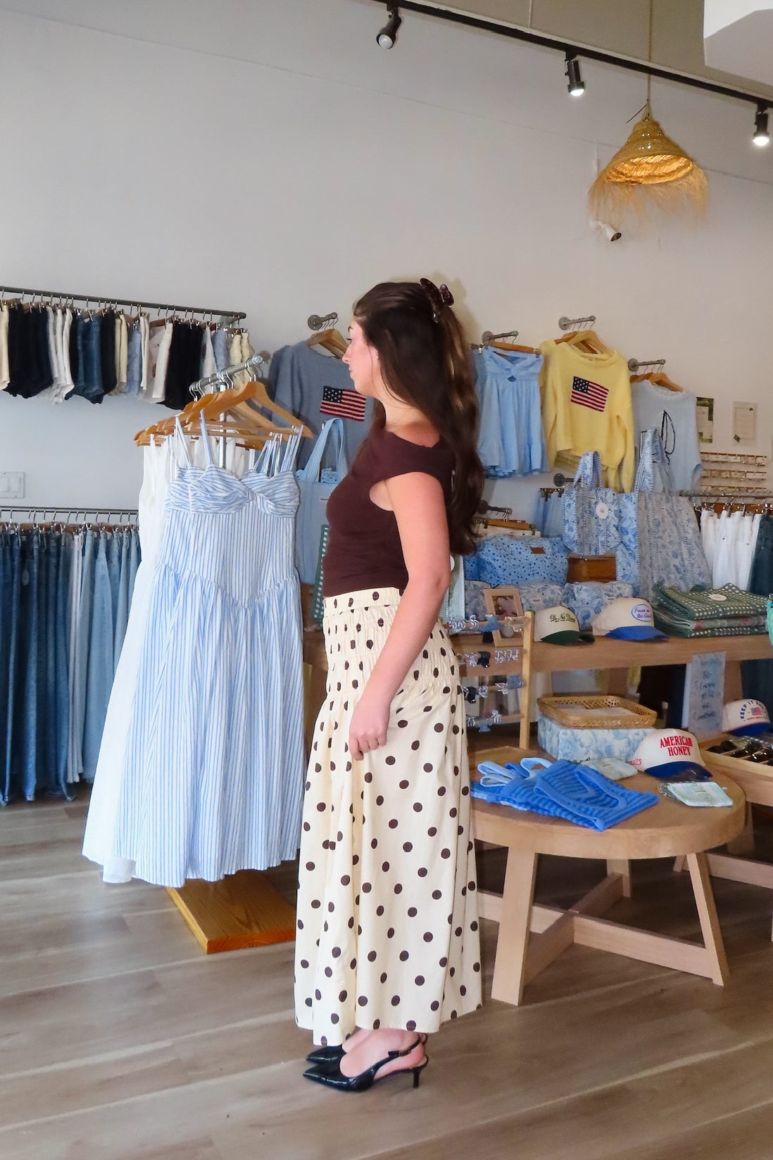 Cream, polka dot midi skirt with drop waist and ruching smocked waistline, sleepy cowgirl, western fashion, coachella aesthetic
Pixelated Boutique, Women's Clothing, Virginia Beach Clothing Stores, Clothing Stores in Virginia Beach, Virginia Beach Boutique, 757 Boutique, Online Shopping for Women, summer aesthetic, spring break, vacation style, vacation outfits, beach boutique, beach fashion, beach outfits, women’s boutique clothing, boutique clothing for women, coastal cowgirl, concert outfit