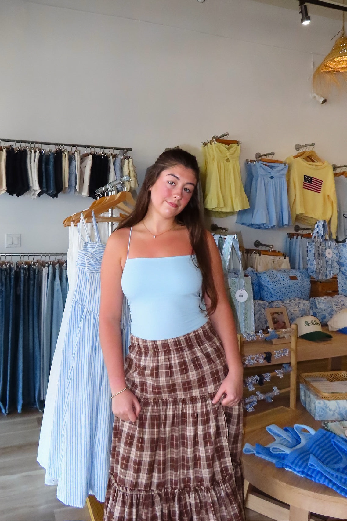 Blue, ribbed tank top with square neckline and spaghetti straps