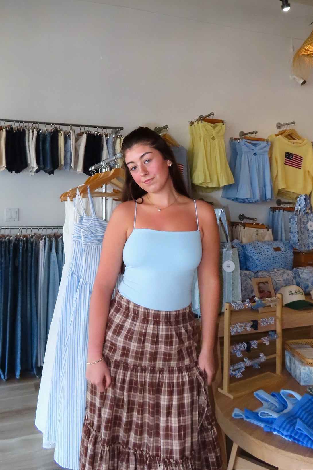 Blue, ribbed tank top with square neckline and spaghetti straps