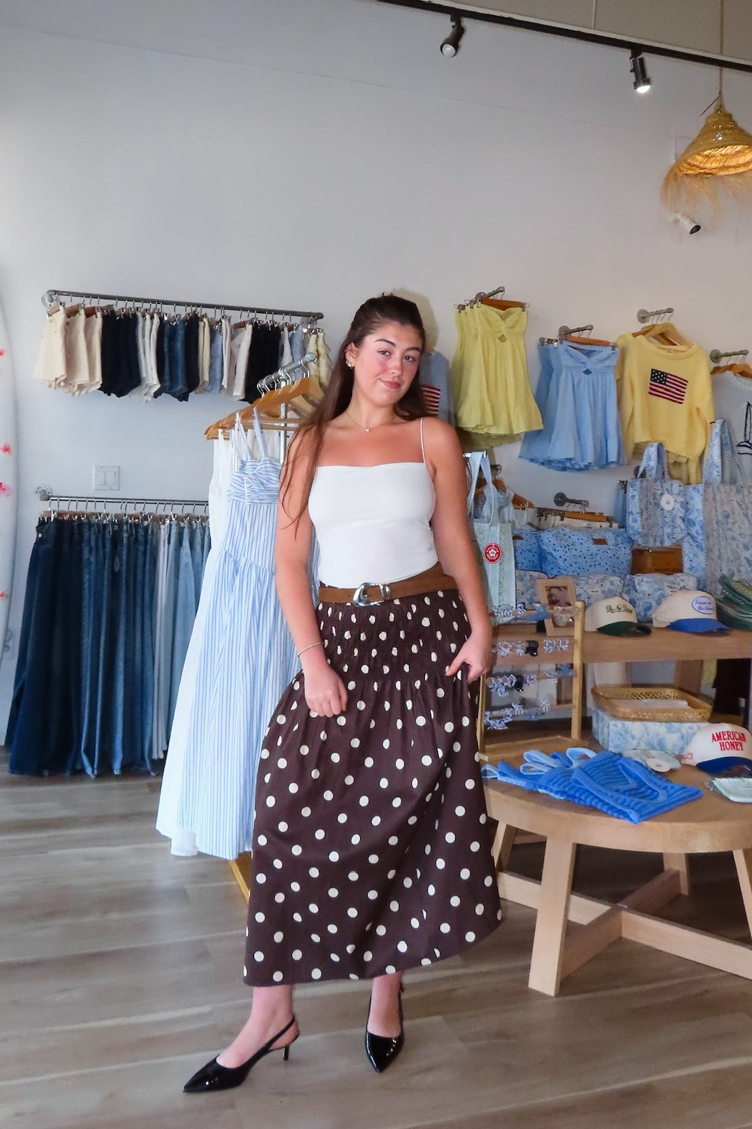 Brown, polka dot midi skirt with drop waist and ruching smocked waistline, sleepy cowgirl, western fashion, coachella aesthetic
Pixelated Boutique, Women's Clothing, Virginia Beach Clothing Stores, Clothing Stores in Virginia Beach, Virginia Beach Boutique, 757 Boutique, Online Shopping for Women, summer aesthetic, spring break, vacation style, vacation outfits, beach boutique, beach fashion, beach outfits, women’s boutique clothing, boutique clothing for women, coastal cowgirl