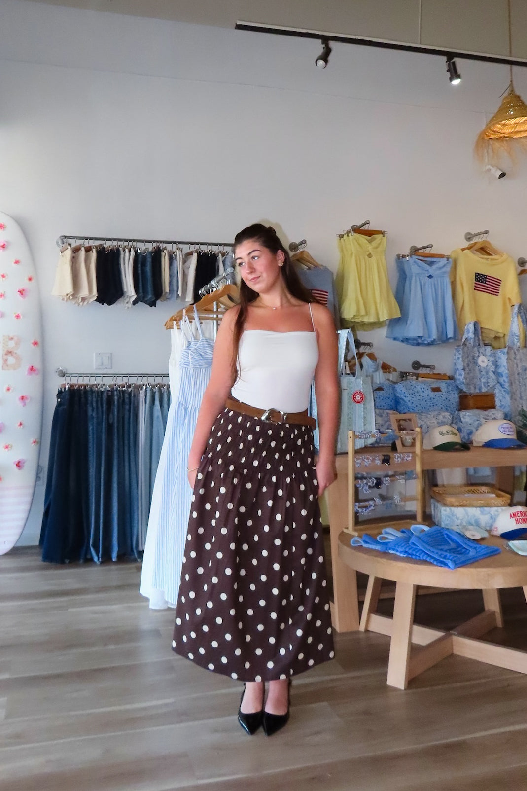Brown, polka dot midi skirt with drop waist and ruching smocked waistline, sleepy cowgirl, western fashion, coachella aesthetic
Pixelated Boutique, Women's Clothing, Virginia Beach Clothing Stores, Clothing Stores in Virginia Beach, Virginia Beach Boutique, 757 Boutique, Online Shopping for Women, summer aesthetic, spring break, vacation style, vacation outfits, beach boutique, beach fashion, beach outfits, women’s boutique clothing, boutique clothing for women, coastal cowgirl