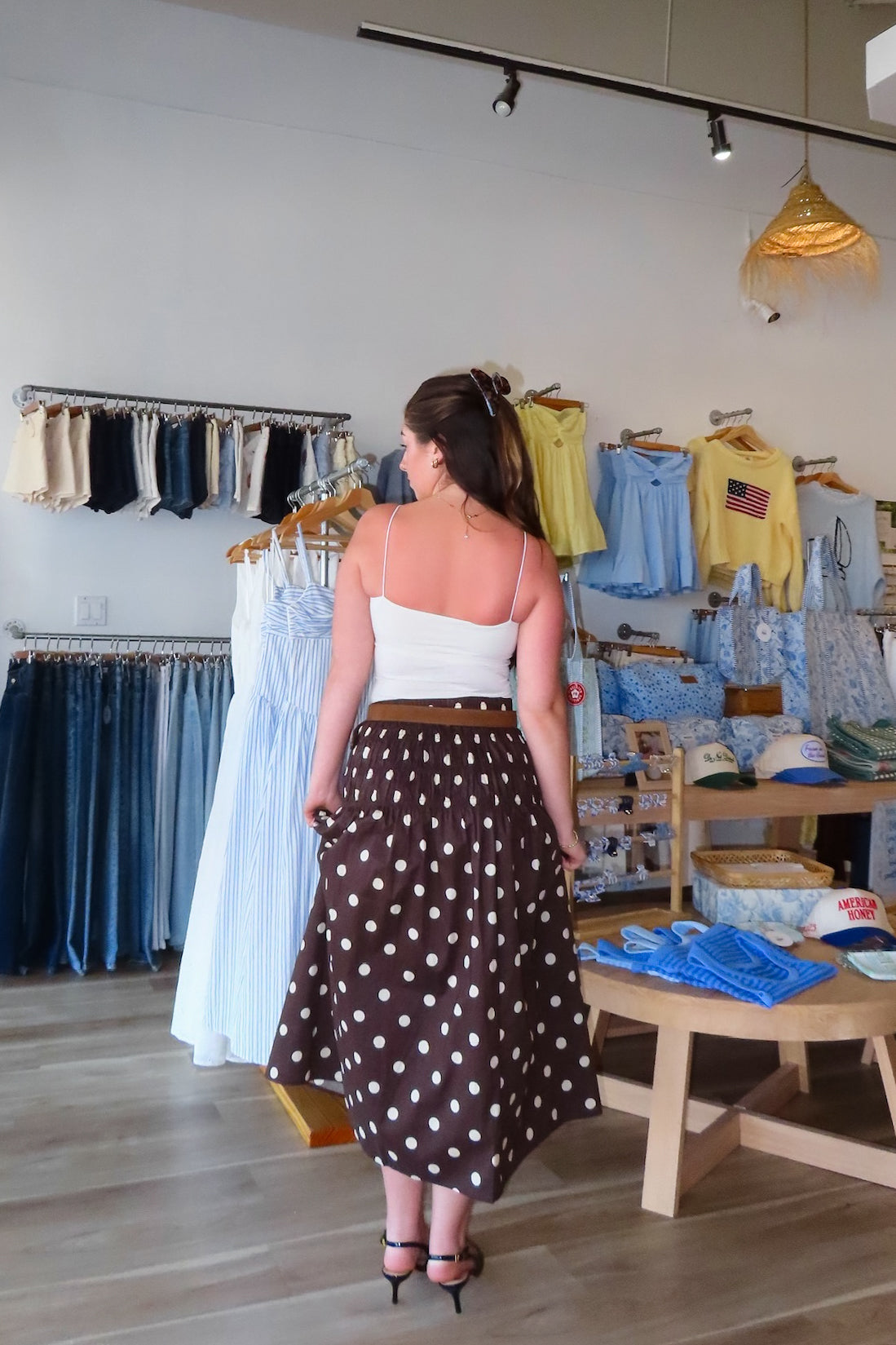 Brown, polka dot midi skirt with drop waist and ruching smocked waistline, sleepy cowgirl, western fashion, coachella aesthetic
Pixelated Boutique, Women's Clothing, Virginia Beach Clothing Stores, Clothing Stores in Virginia Beach, Virginia Beach Boutique, 757 Boutique, Online Shopping for Women, summer aesthetic, spring break, vacation style, vacation outfits, beach boutique, beach fashion, beach outfits, women’s boutique clothing, boutique clothing for women, coastal cowgirl
